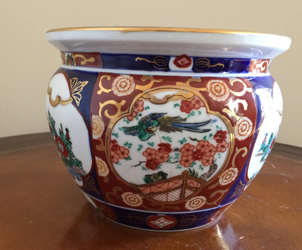 Imari Porcelain Planter, Flower Container, Cobalt Blue, Cinnabar, Gold