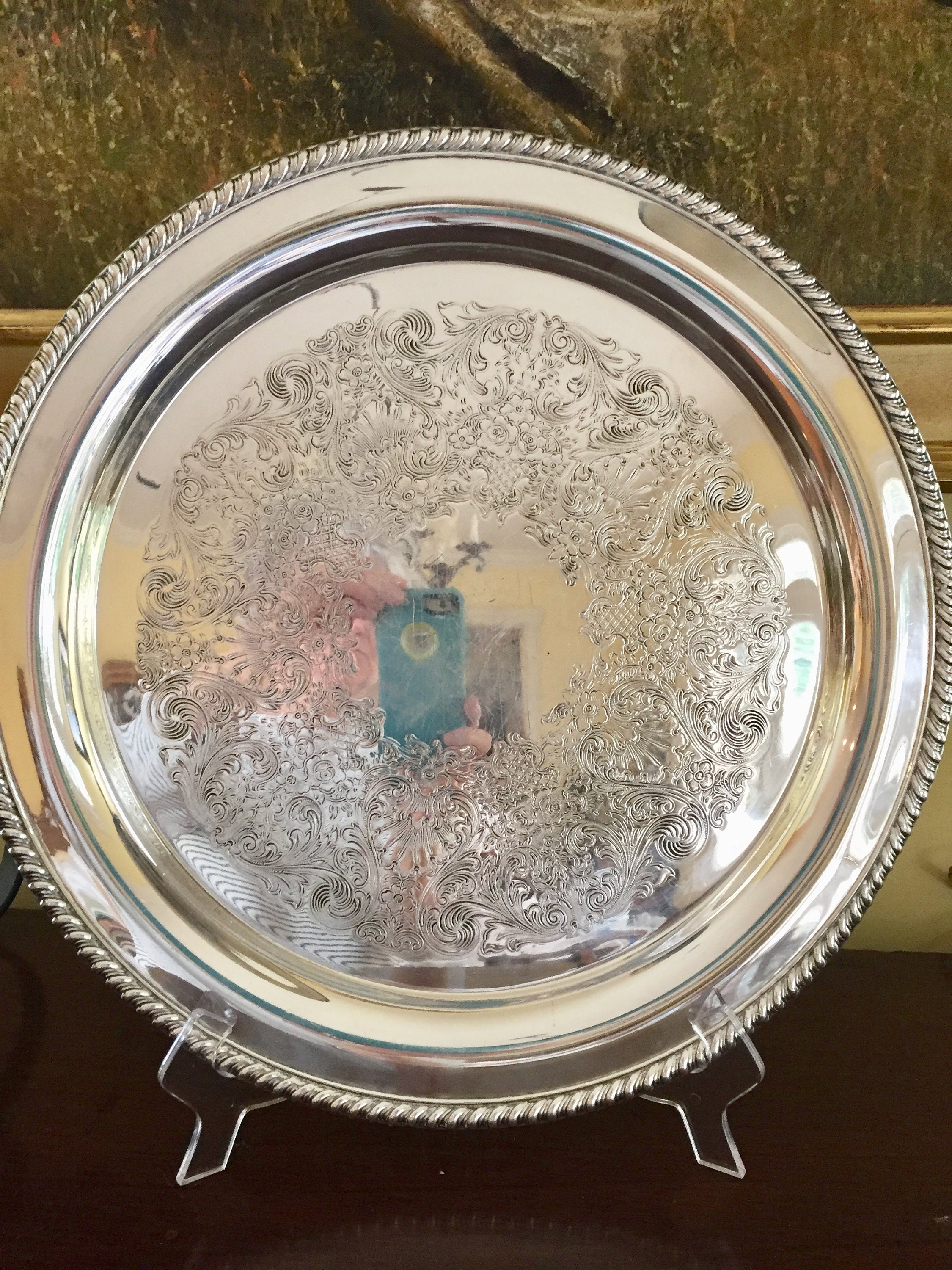 Round Silver Tray, Vintage Silver Plate 15 Inch Serving Tray, Embossed
