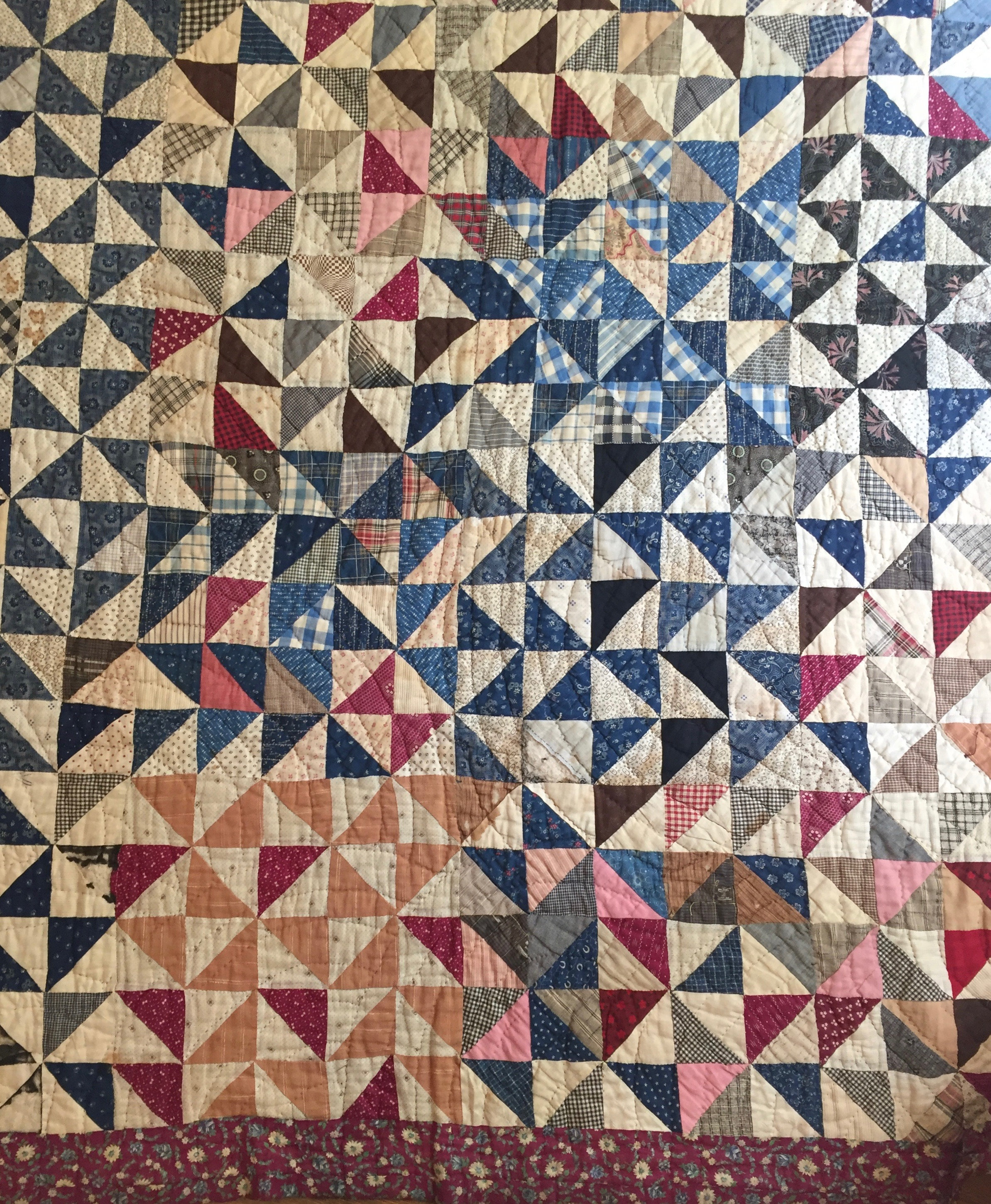 Vintage Handmade Pinwheel Quilt, Southern Quilt, Black Indigo Blue Tan