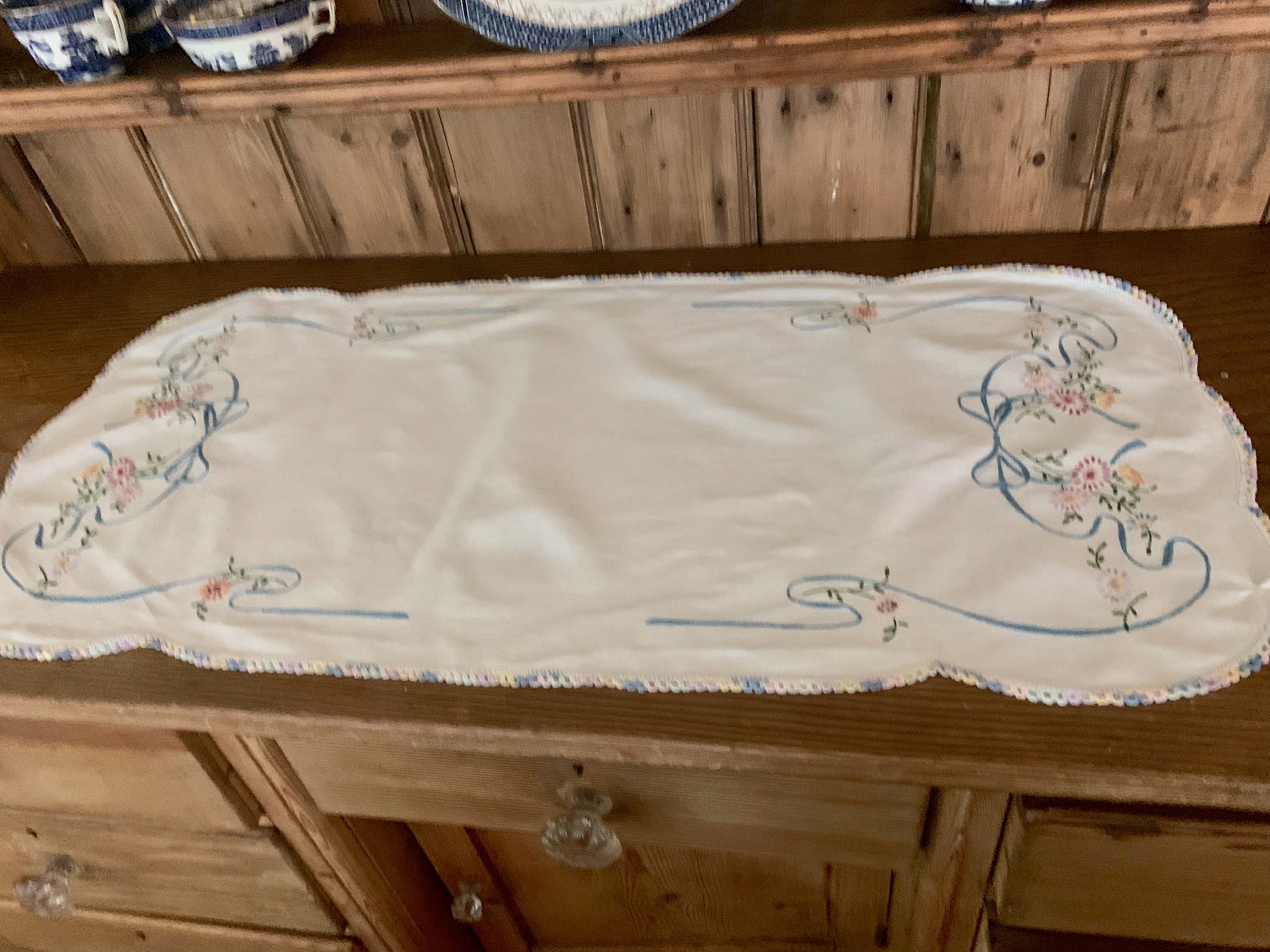 Embroidered Linen Table Runner Dresser Scarf, Blue Bow Embroidered
