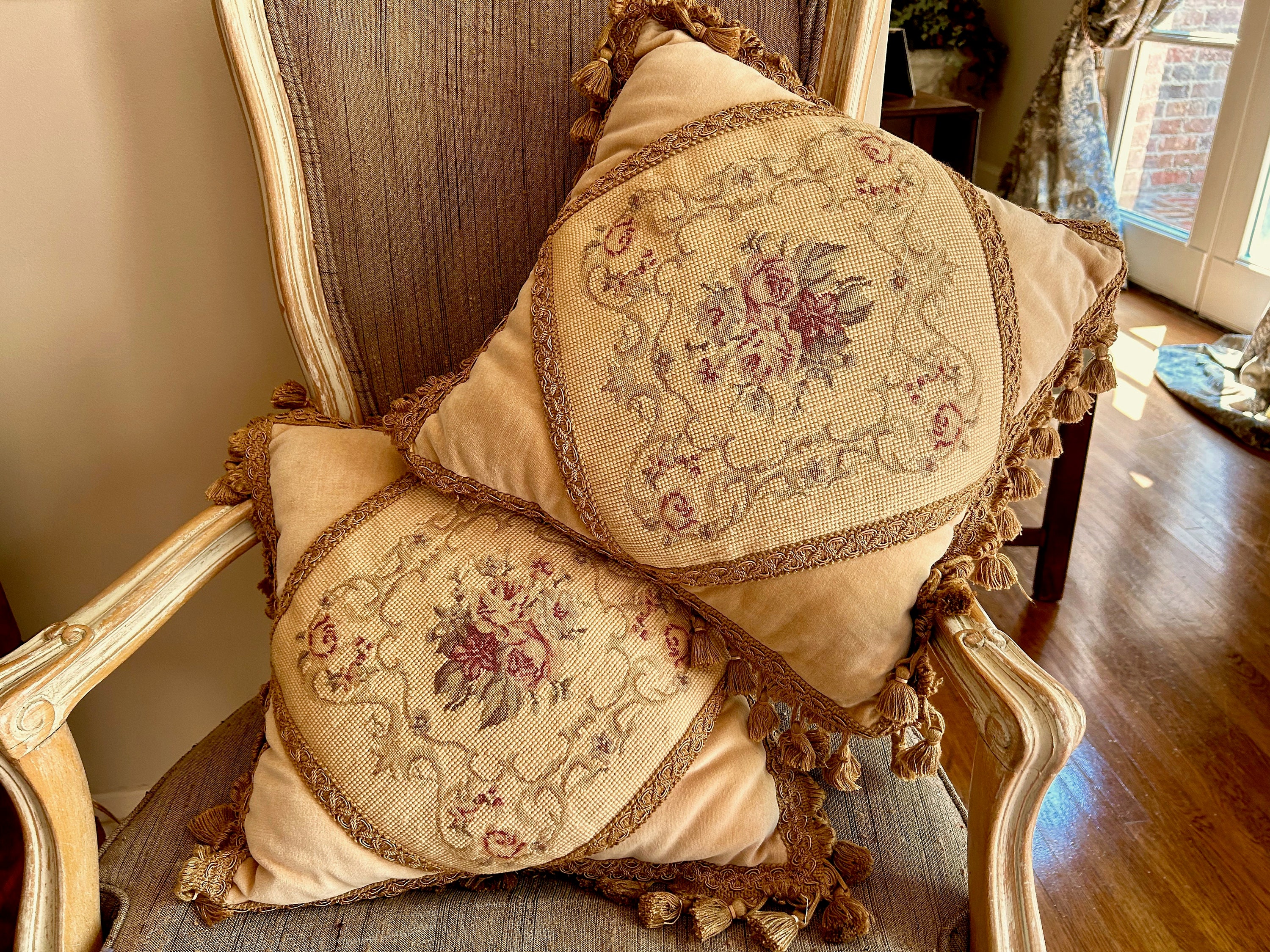 Vintage Needlepoint Pillow Floral Petit Point Velveteen Pillow Cover and Form Gold Colored Decorative Pillow 2 Pillows Sold Separately