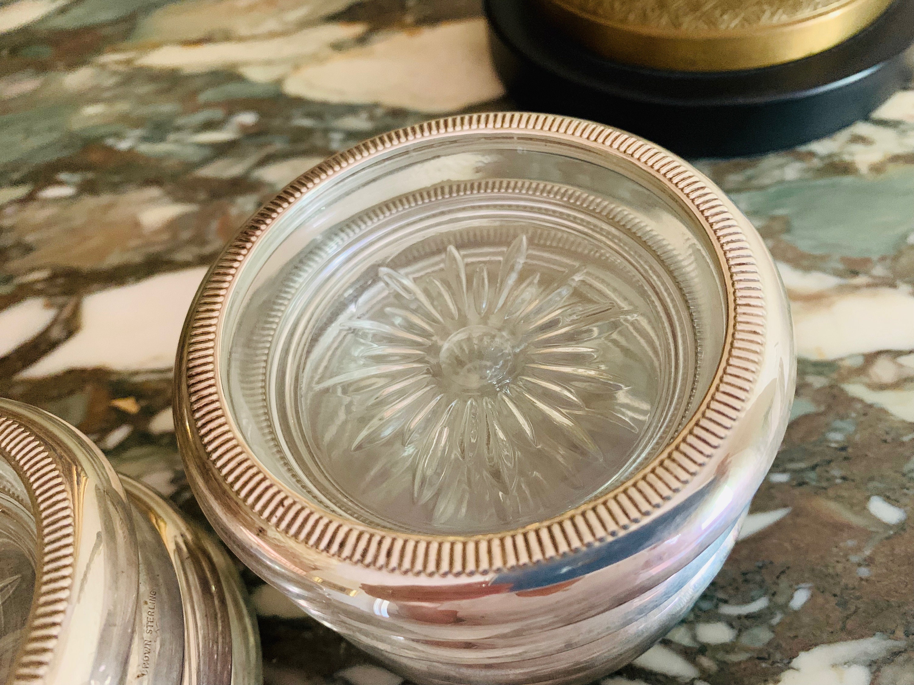 Sterling Silver Glass Coasters, Set of 8 Crown Sterling Coasters, Mid