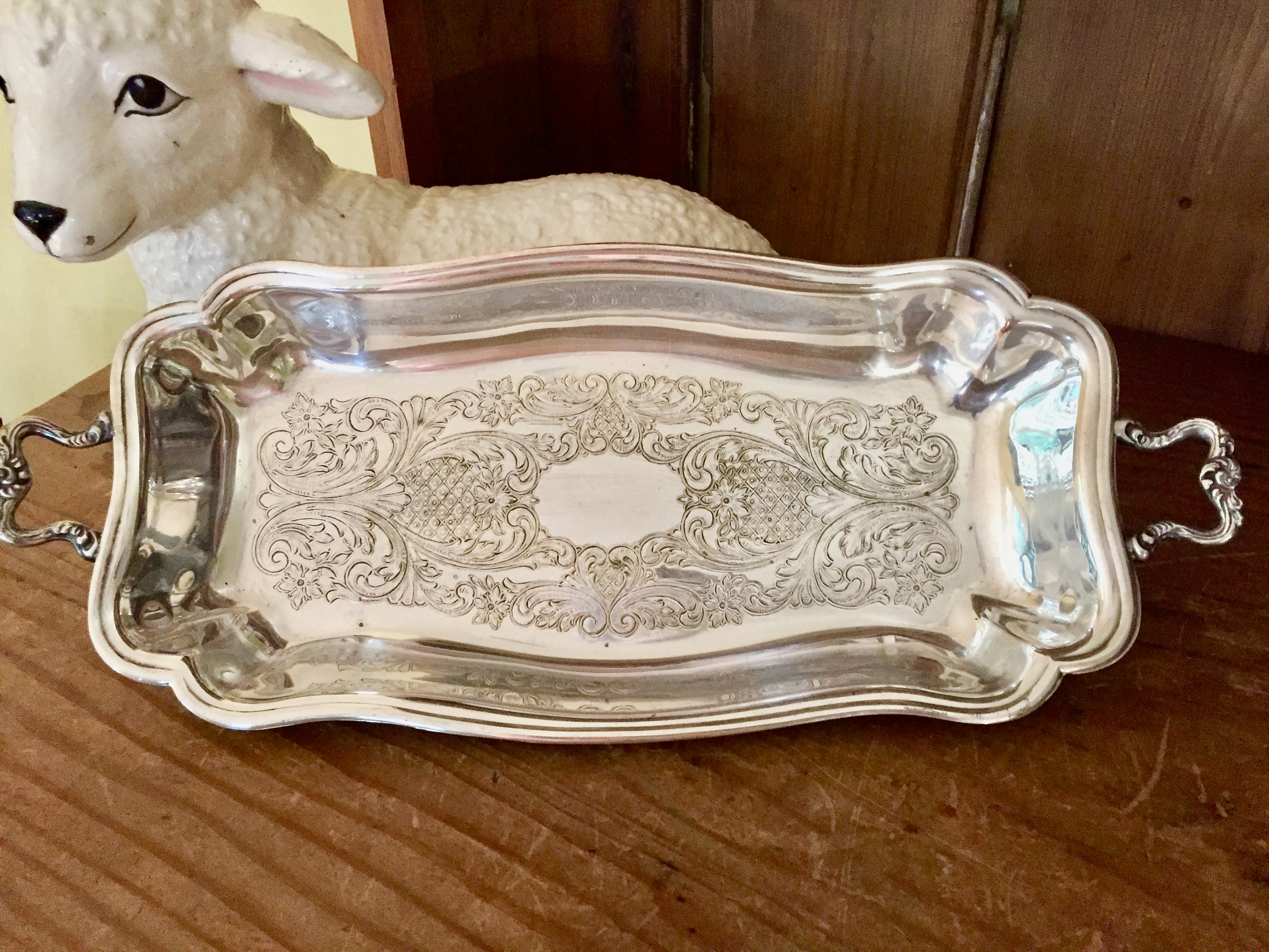 Vintage Silver Bread Tray, Footed Silver Plate Handled Tray, Mid
