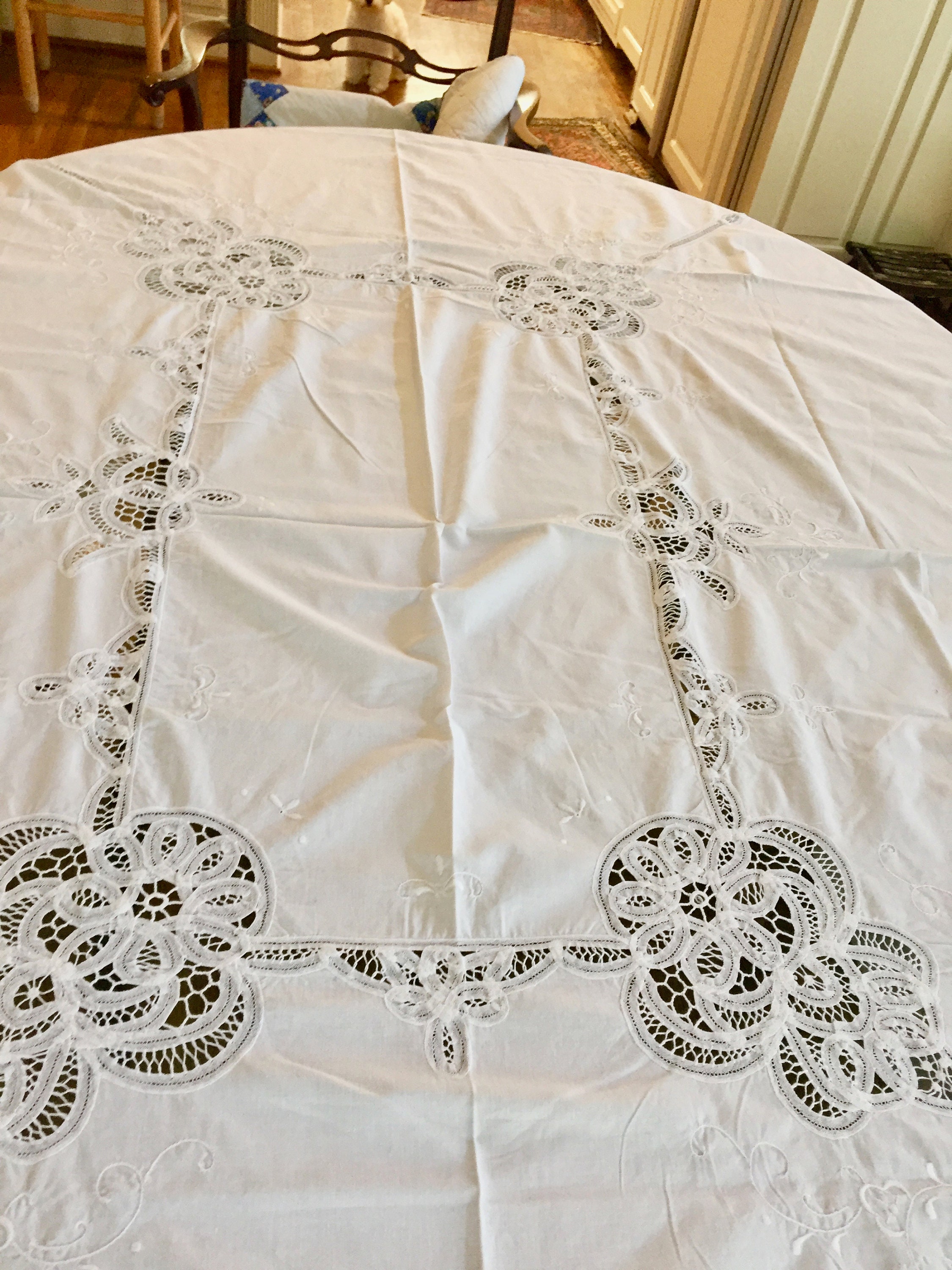 Battenburg Tablecloth, Vintage White Rectangular Embroidered Tablecloth