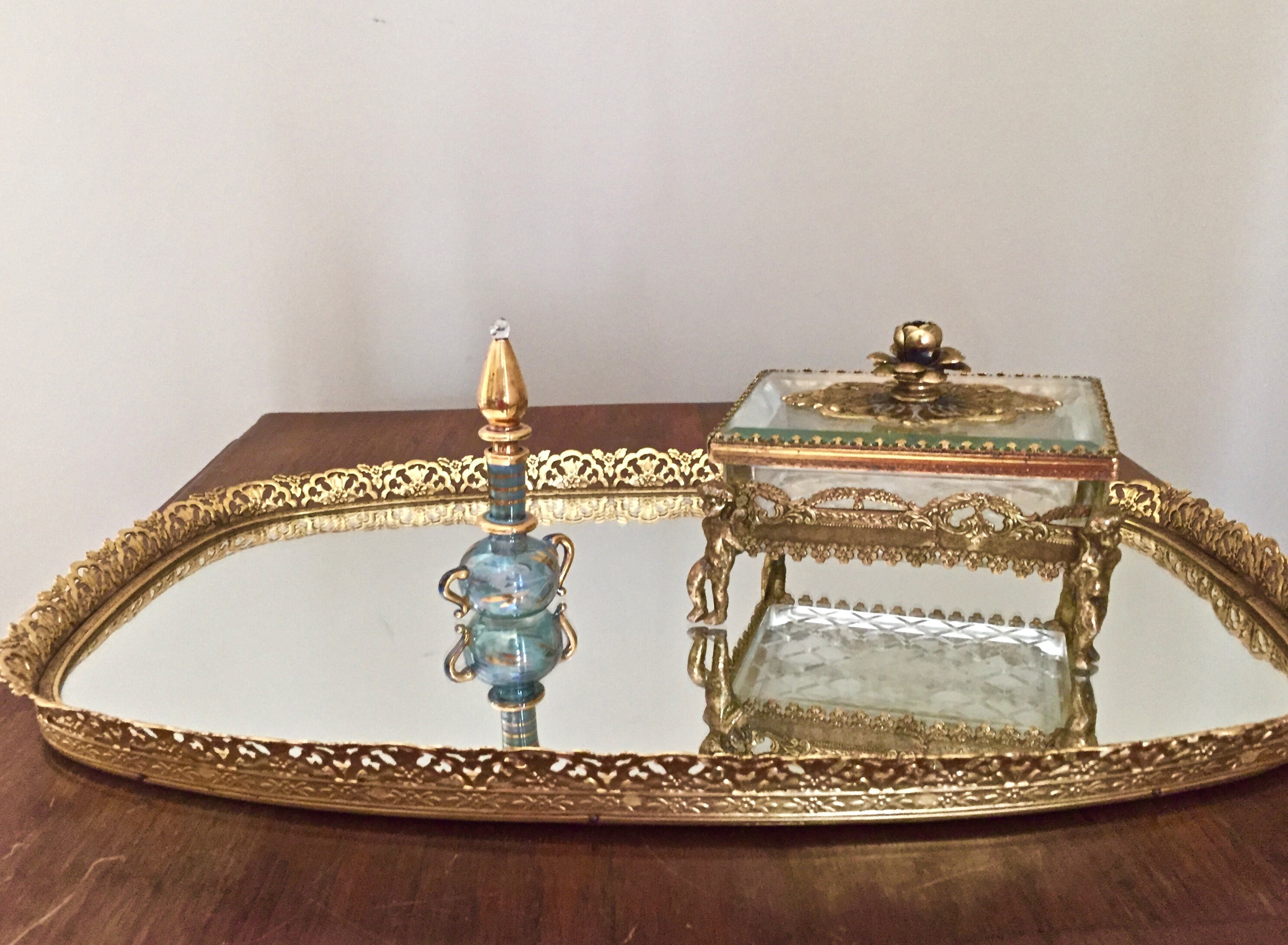 Vintage Brass Filigree Vanity Perfume Tray, Mirrored Brass Hollywood