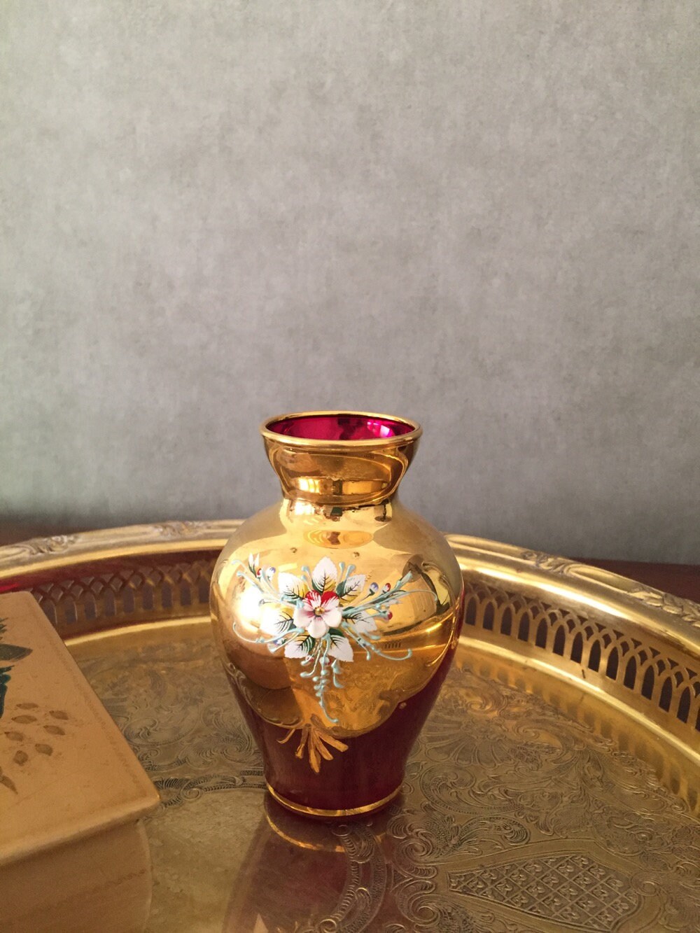 Vintage Murano Cranberry Glass Vase, 24 Kt Gold Overlay Hand Painted
