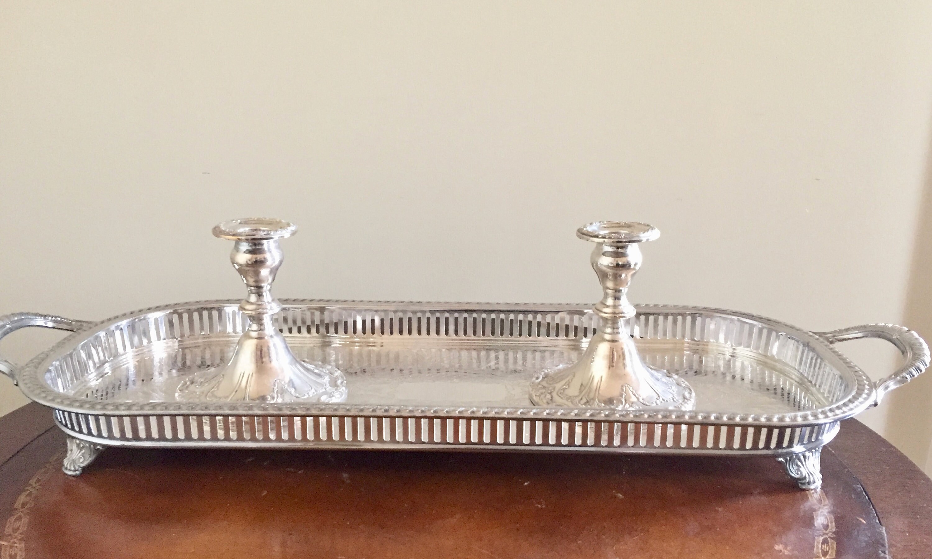 Large Silver Gallery Tray, Oblong Shaped Footed Serving Tray, Vintage