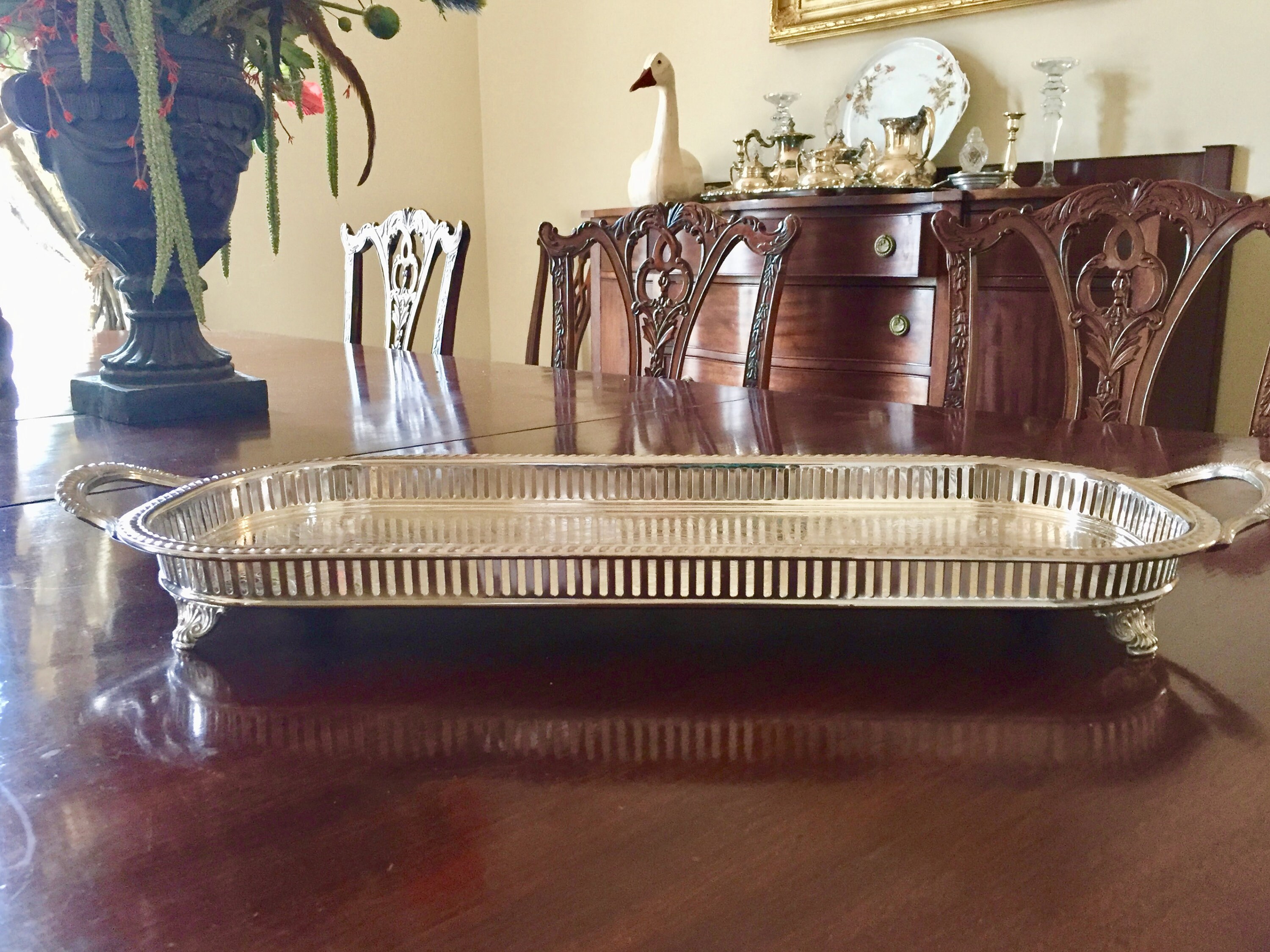 Large Silver Gallery Tray, Oblong Shaped Footed Serving Tray, Vintage
