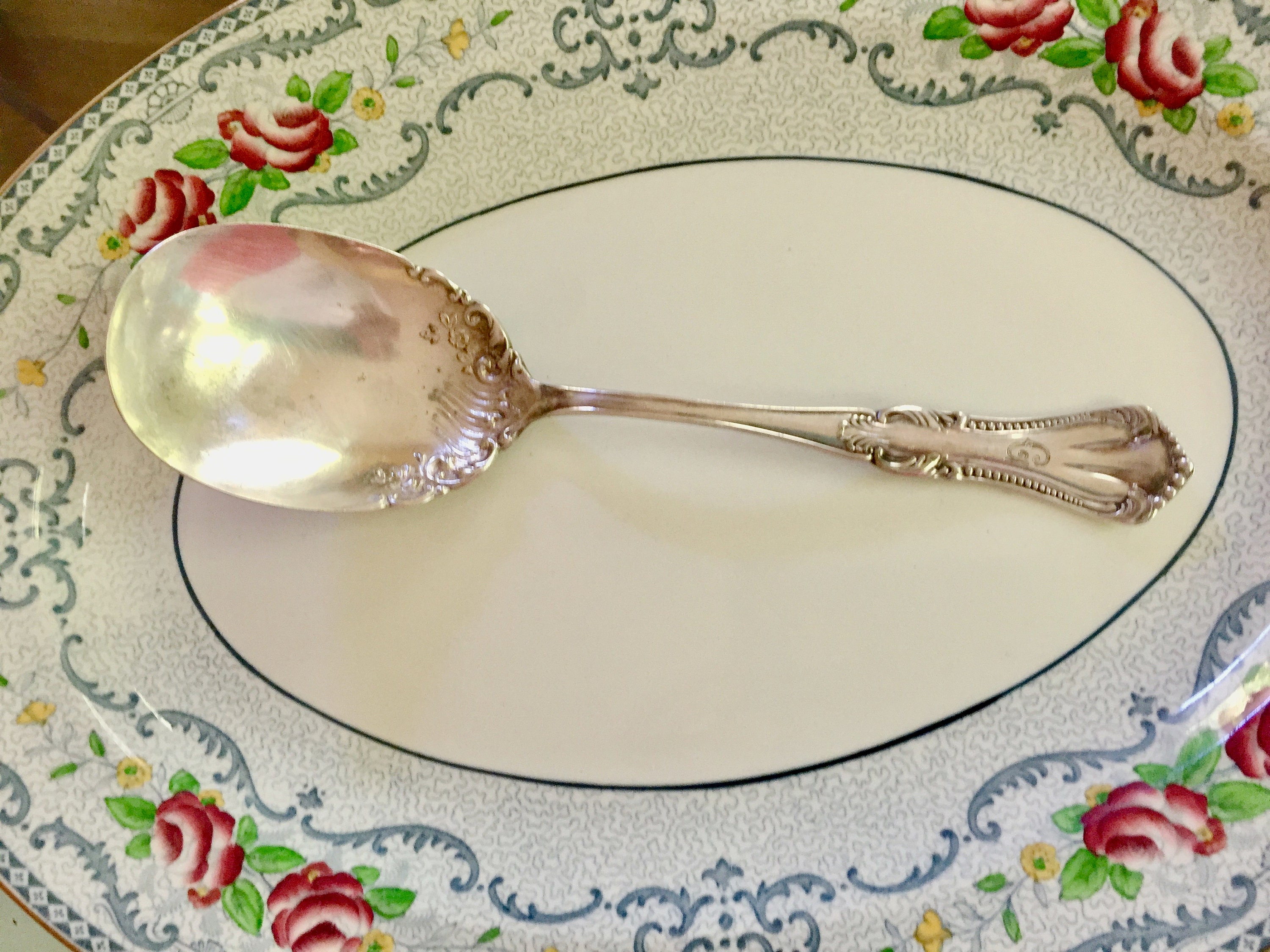 Antique Silver Casserole Spoon, 1905 Rogers Marcella Pattern, Monogram