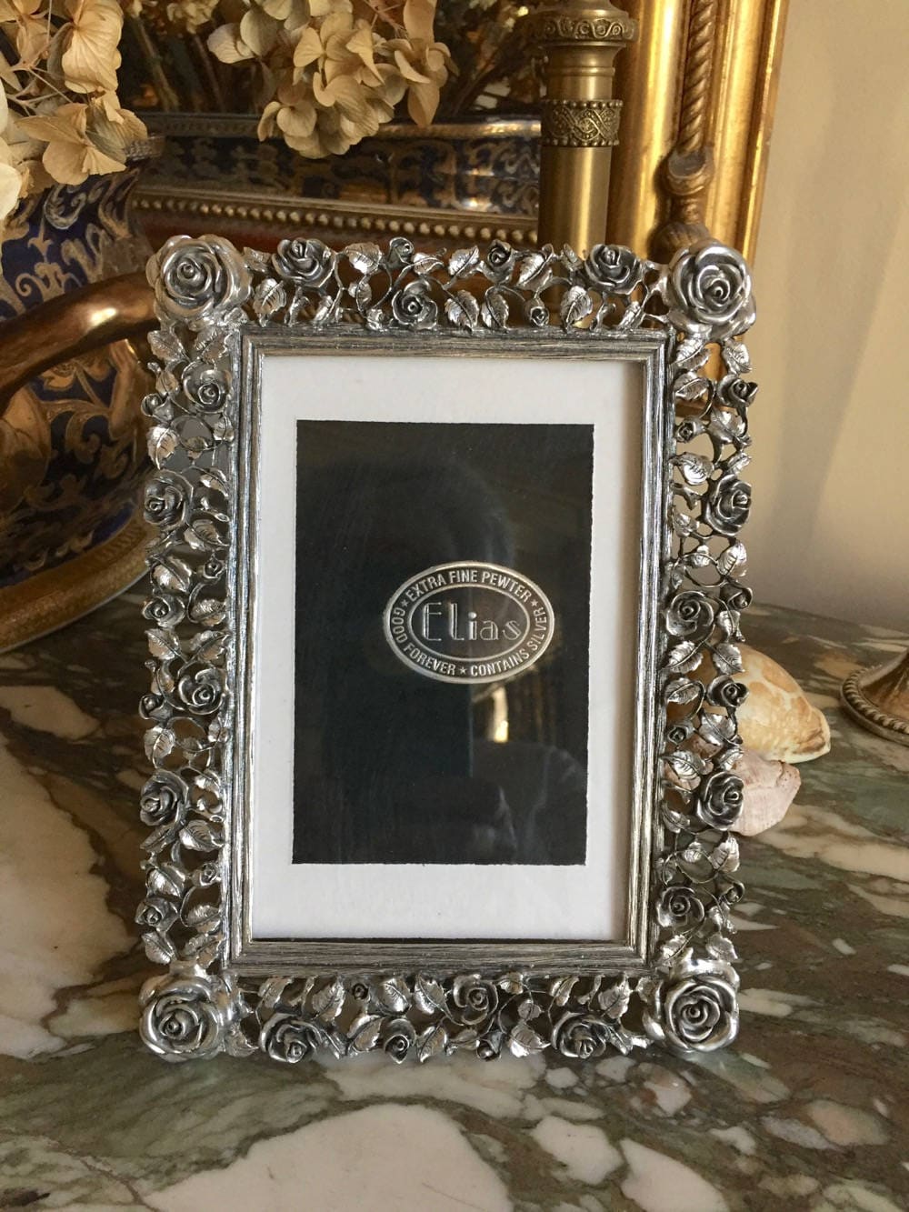 Elias Pewter Photo Frame, Rose Design, 4 x 6 Image Picture Frame, Easel