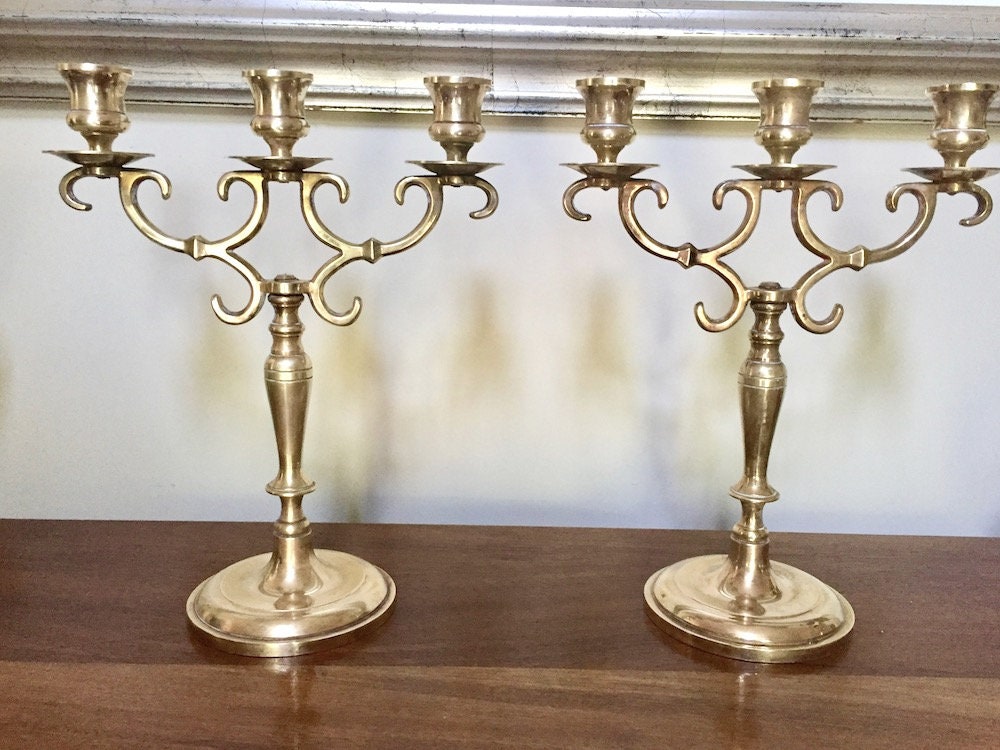 Pair of Brass Candelabras, 3 Light Candelabras, Vintage Mid Century Brass Candle Holders, Brass
