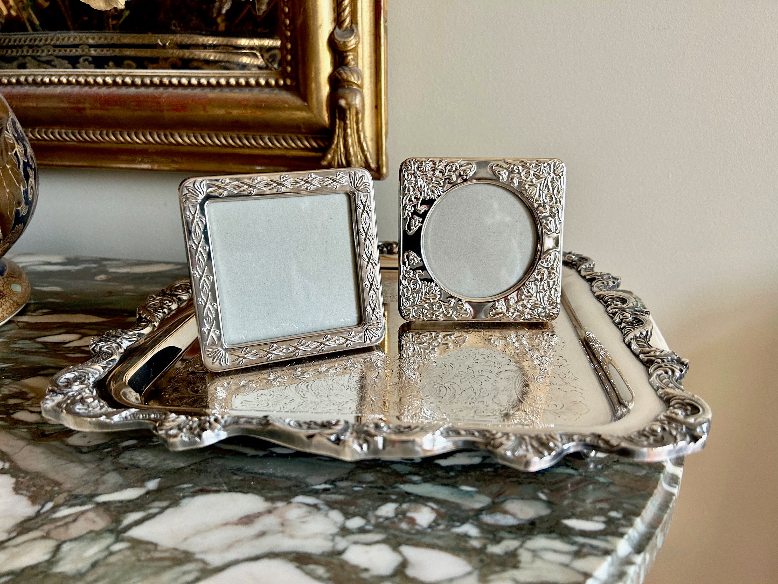 Silver Plate Photo Frames, Two Small Silver Plate Picture Frames, One Square Image Photo Frame