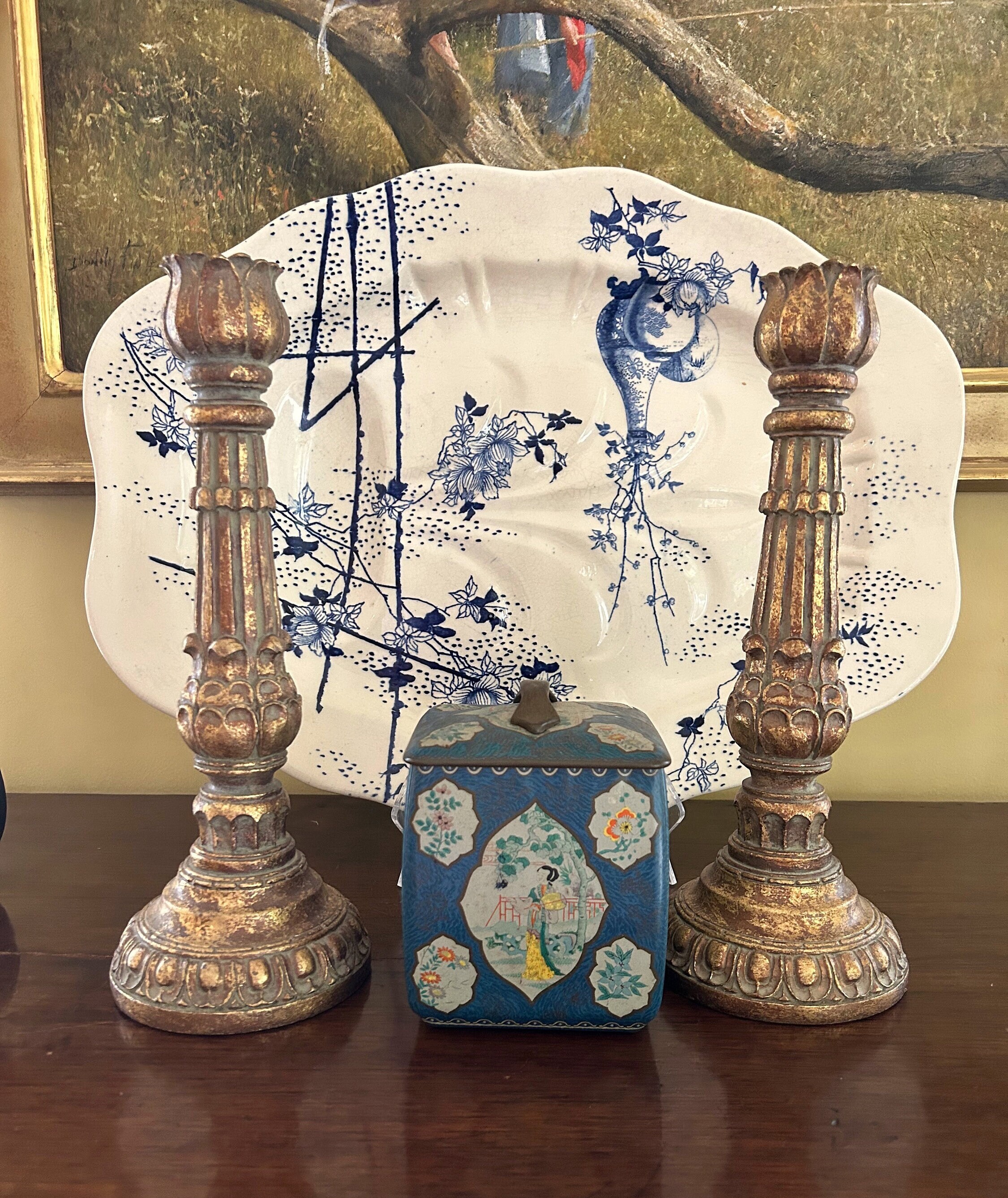 Tall Gold Candlesticks, Vintage Neo Classical Style Gold Leafed