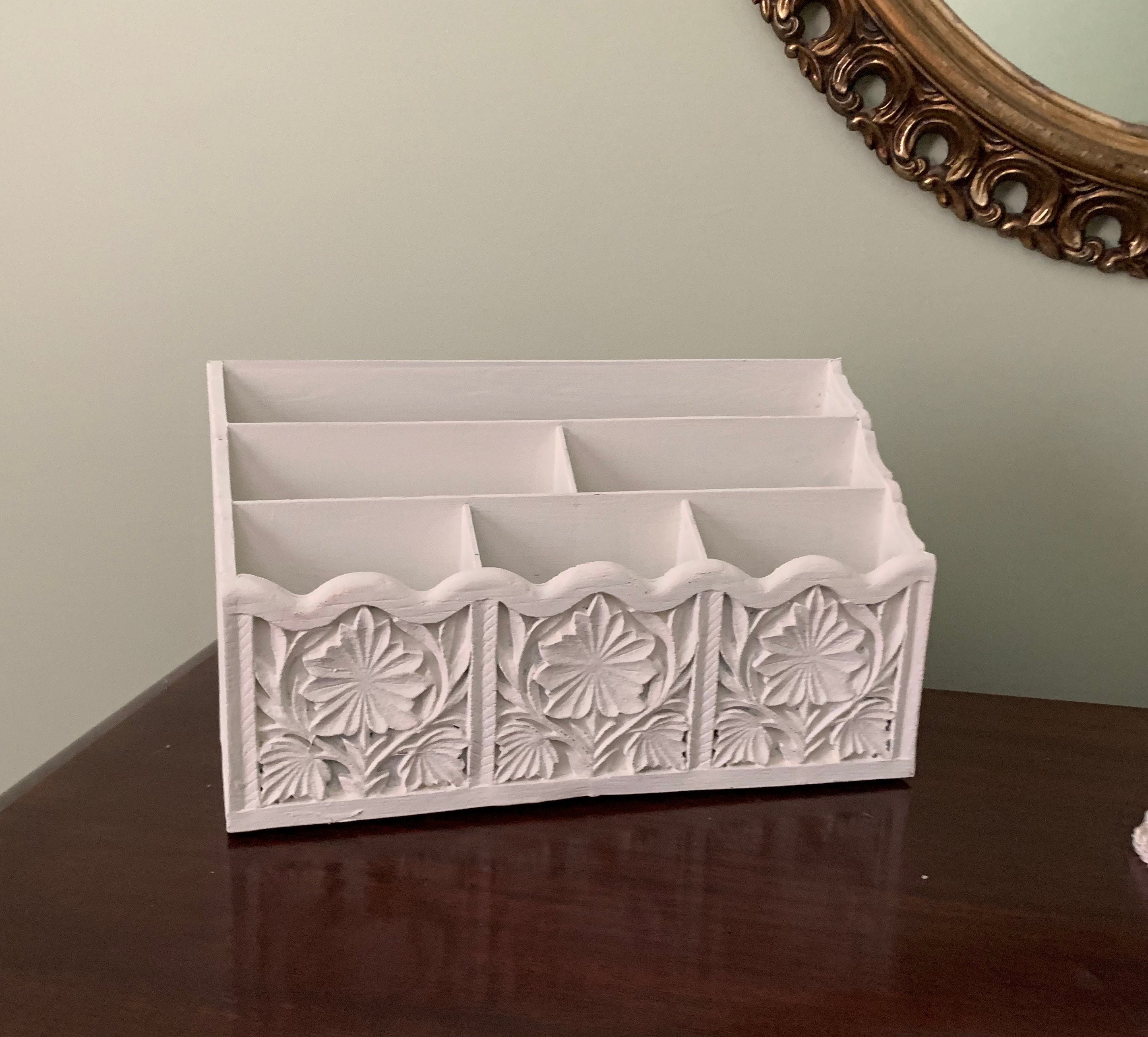 Hand Painted Desk Organizer, Mid Century Syroco Desk Organizer, White Distressed Ladies Mail