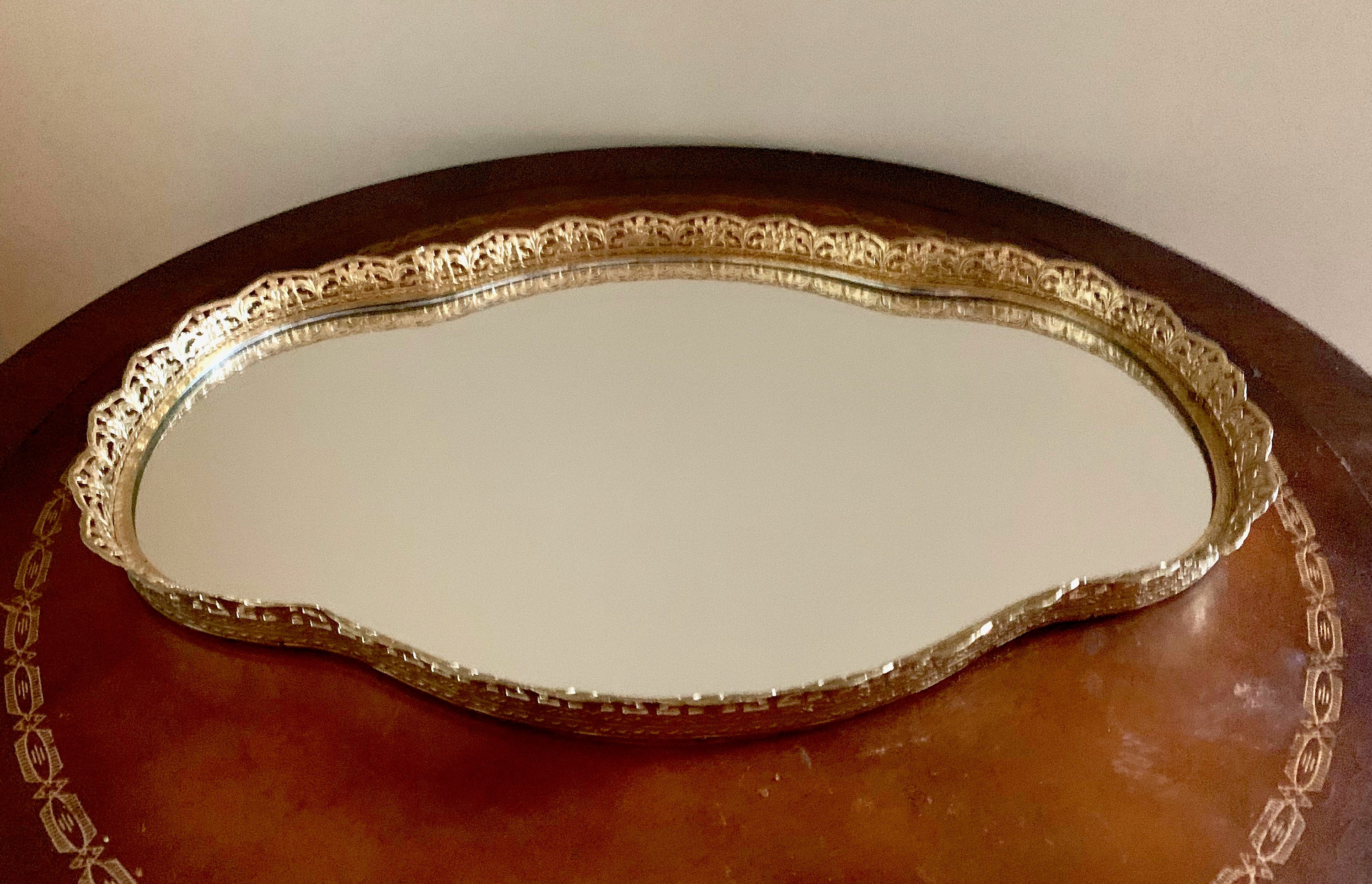 Mirrored Vanity Tray, Oval Scalloped Gold Toned Metal Filigree Perfume