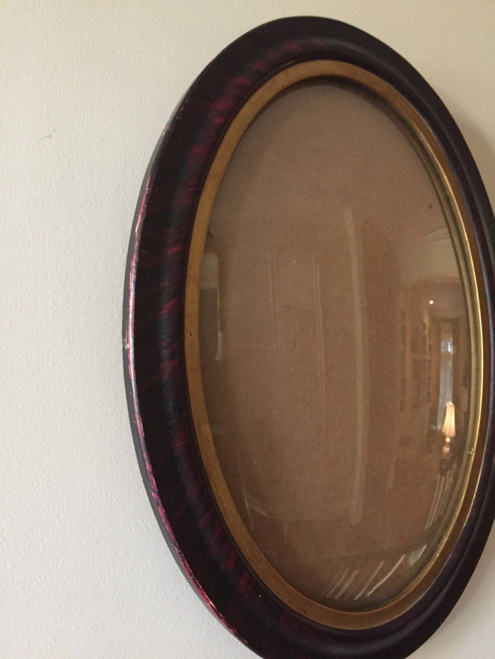 Antique Oval Picture Frame with Faux Grained Paint Concave Glass, Portrait Frame, Folk Art Frame