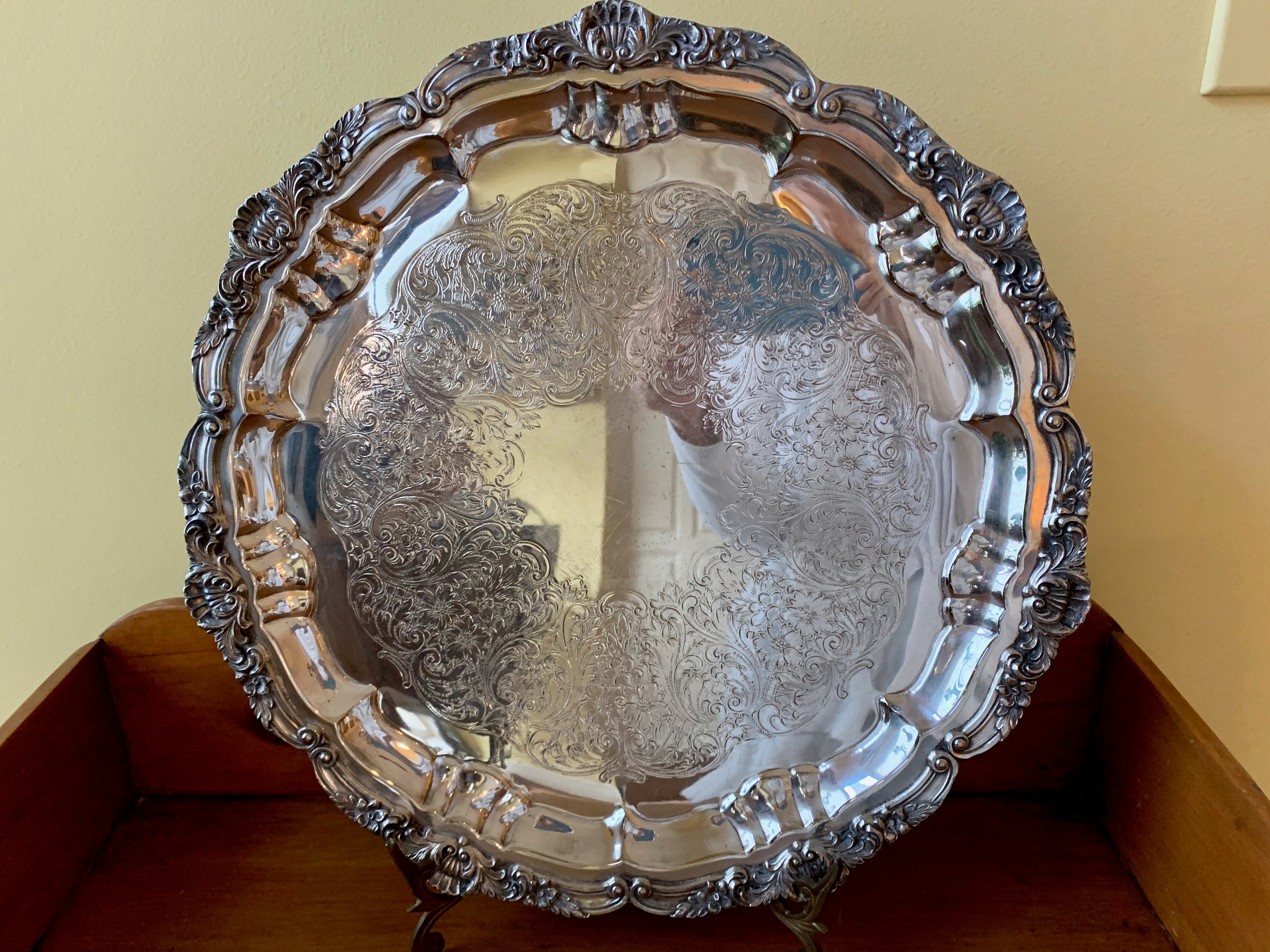 Round Silver Plate Footed Tray, Vintage Poole Silver Company Footed