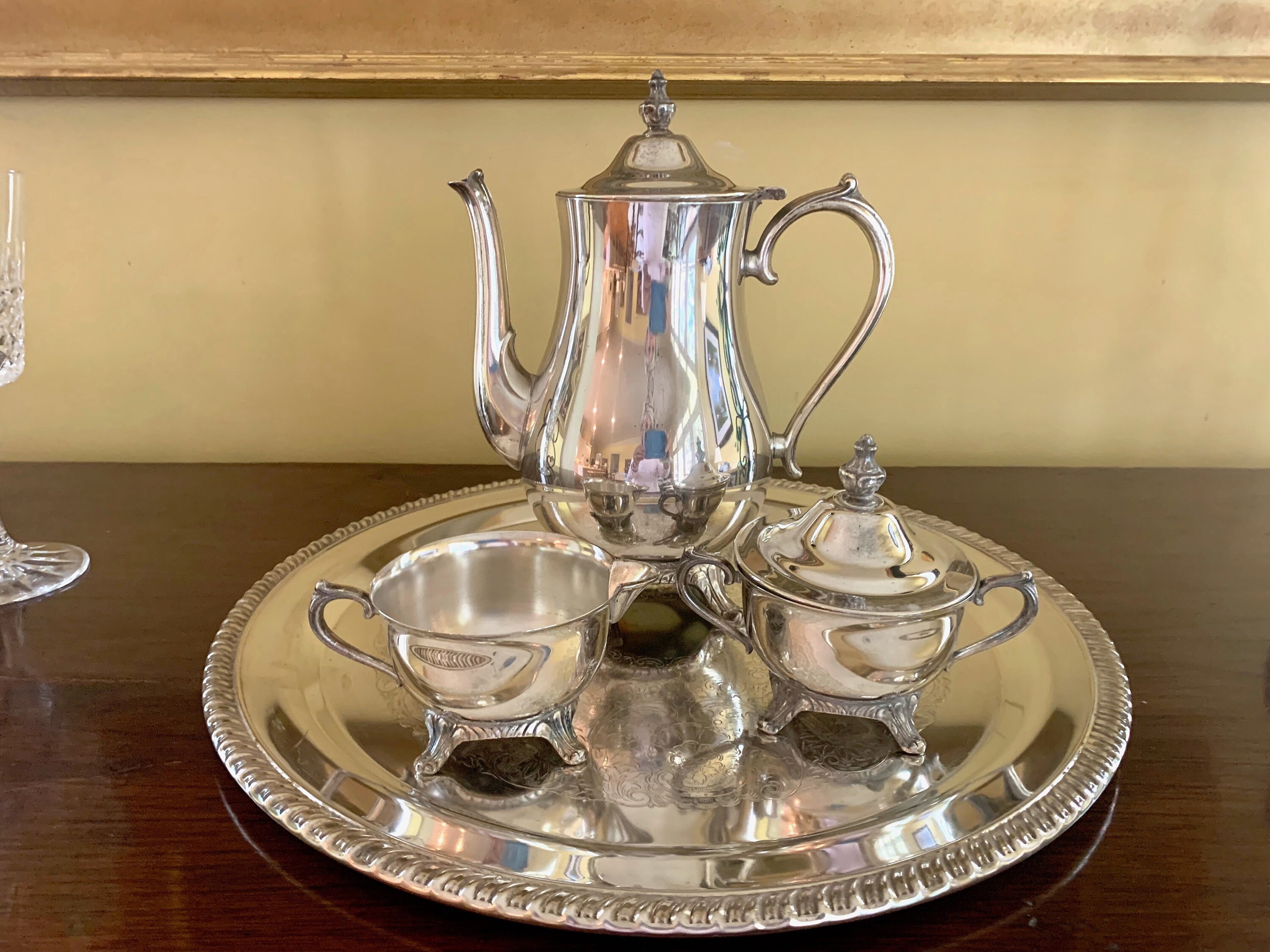 Silver Plate Tea Set with Tray, 3 Piece International Silver Plate Tea