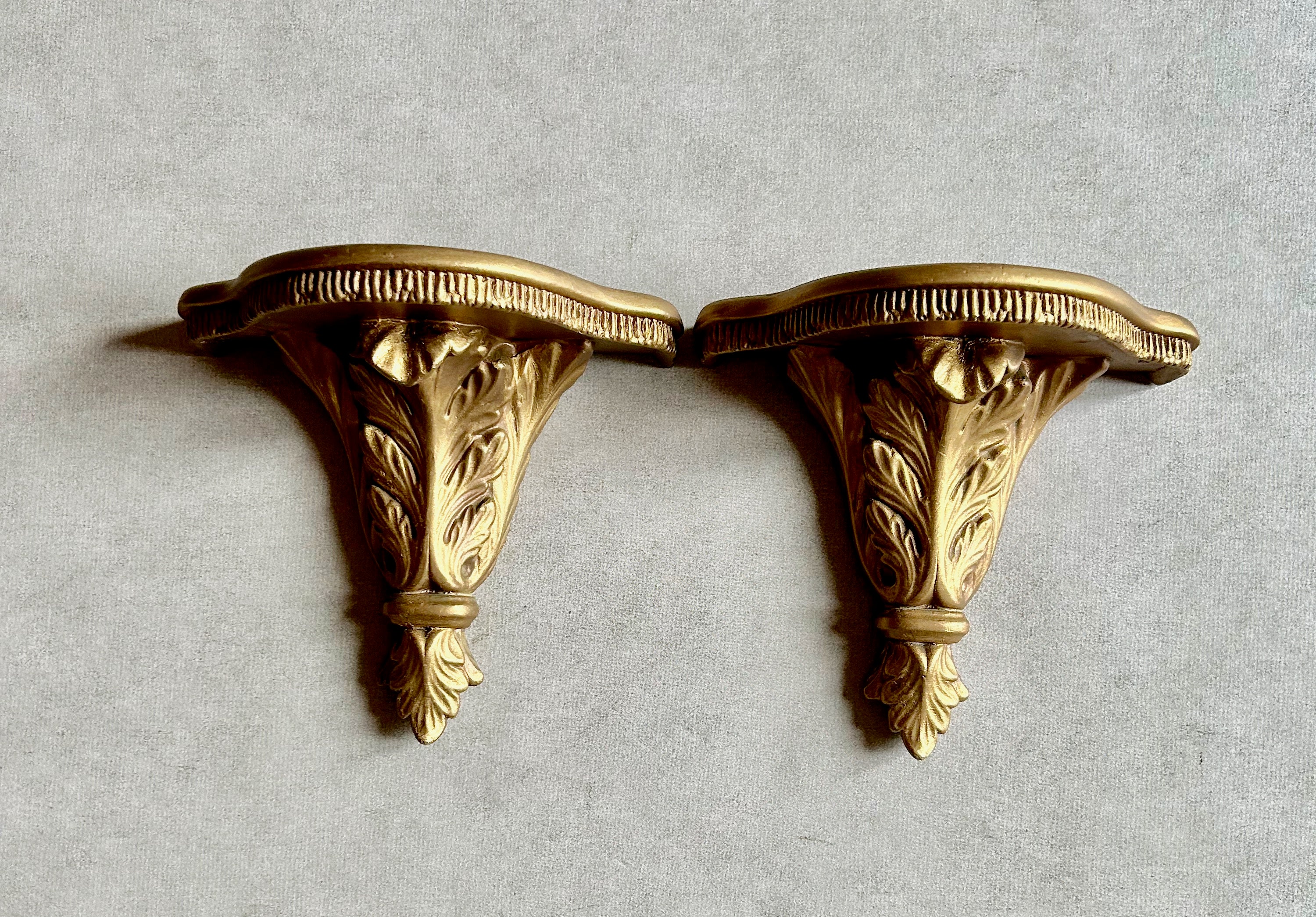 Plaster Wall Sconces, Mid Century Acanthus Wall Shelf Sconces, Pair