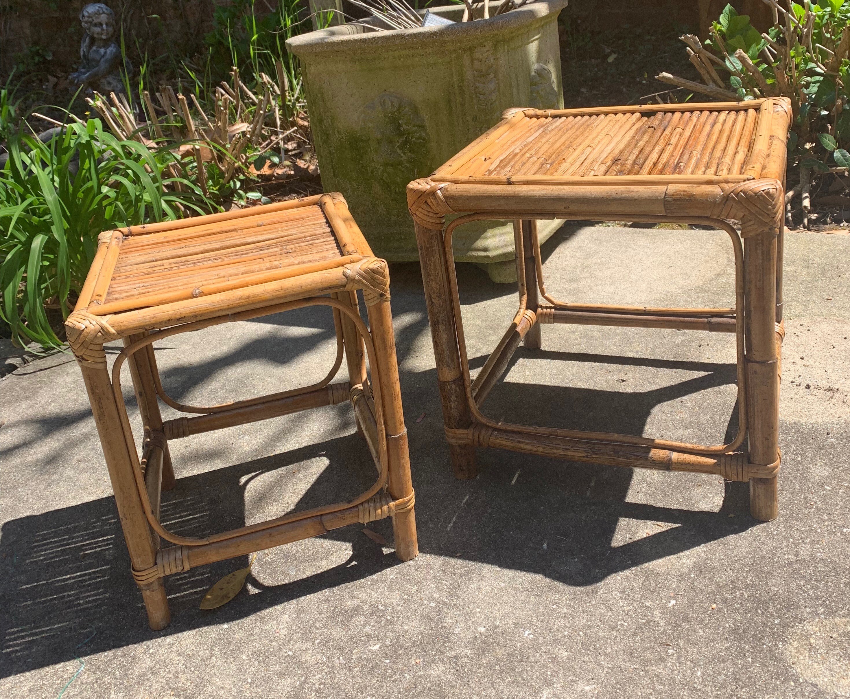 Small Bamboo Plant Stand, 11 Inch Bamboo Stool, Vintage Asian Bamboo Stand, Modern Bohemian Decor