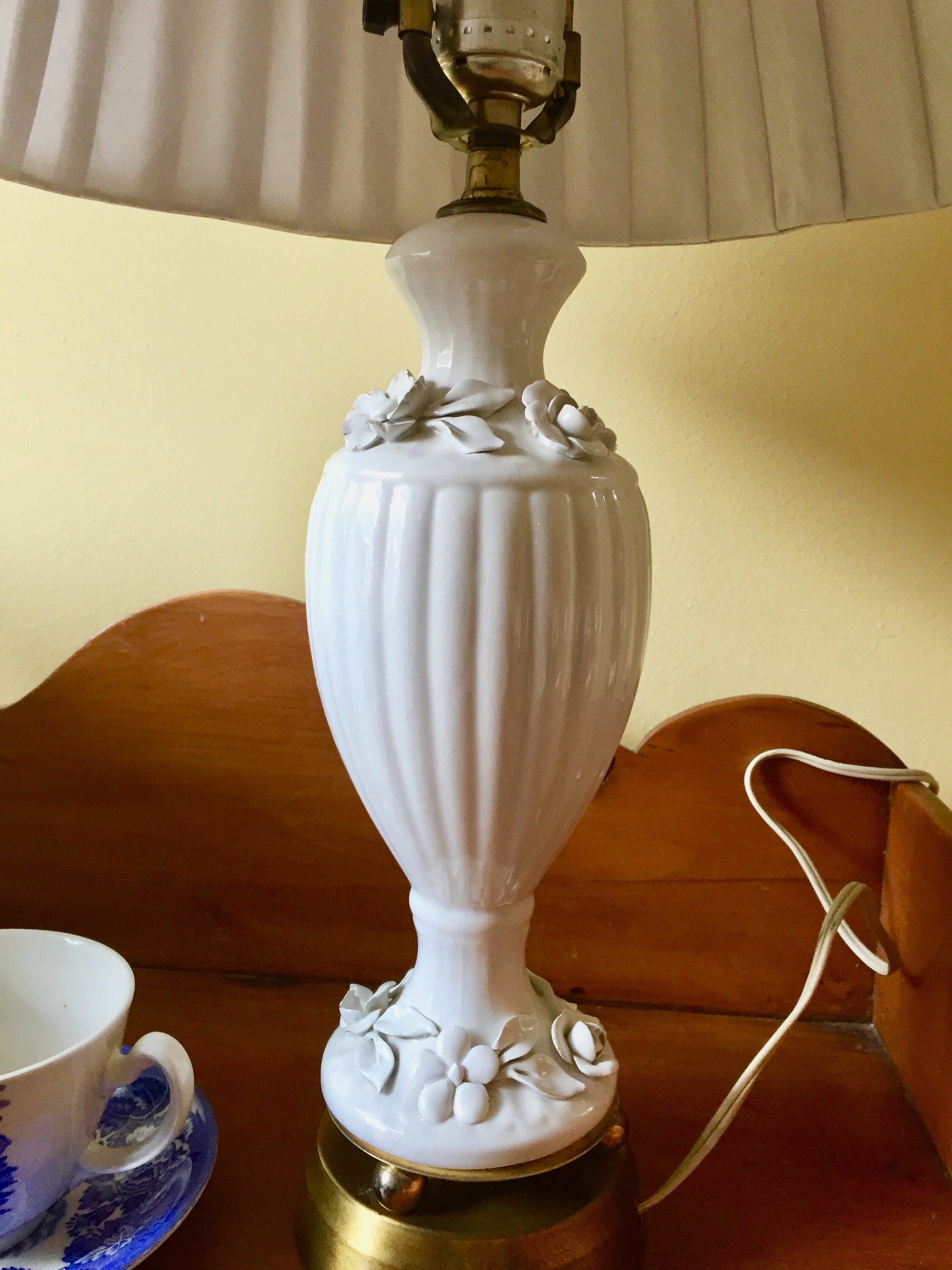 White Porcelain Lamp, Blanc de Chine Porcelain Table Lamp with White on White Floral Design