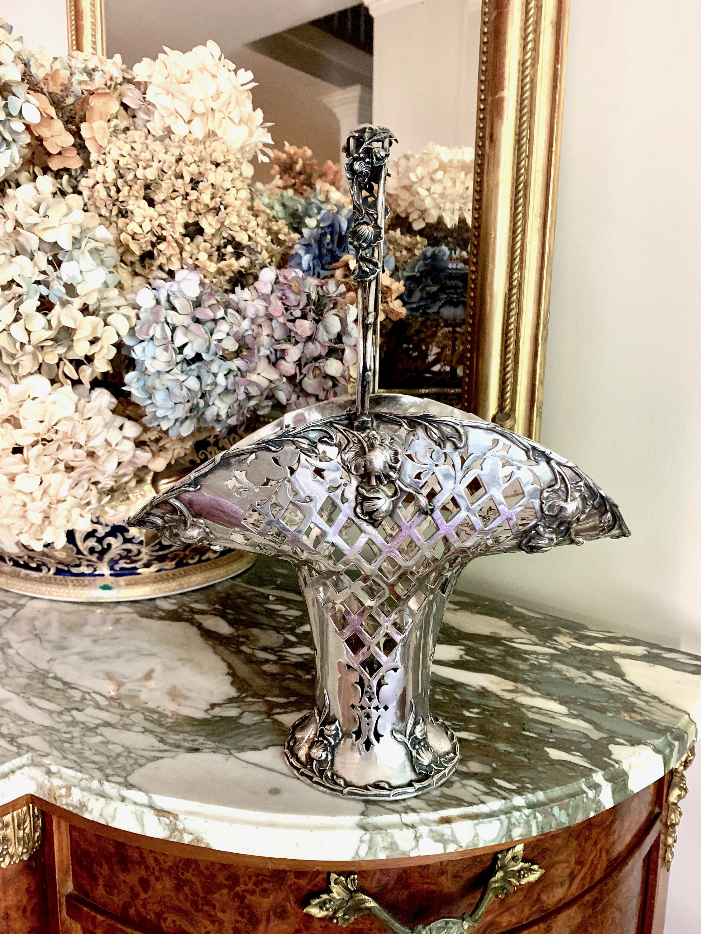 Victorian Silver Plate Basket, Antique Art Nouveau Silver Plate Flower