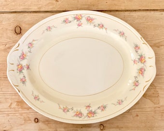 Large Homer Laughlin Platter, 16 Inch Georgian Eggshell Countess Large Meat Platter, Yellow Pink Flowers, Cottage Farmhouse, Collectible