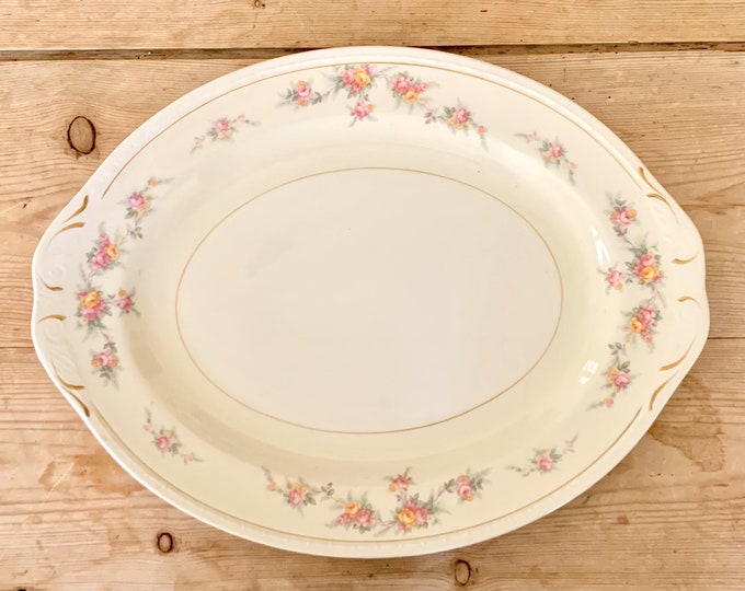 Featured listing image: Large Homer Laughlin Platter, 16 Inch Georgian Eggshell Countess Large Meat Platter, Yellow Pink Flowers, Cottage Farmhouse, Collectible