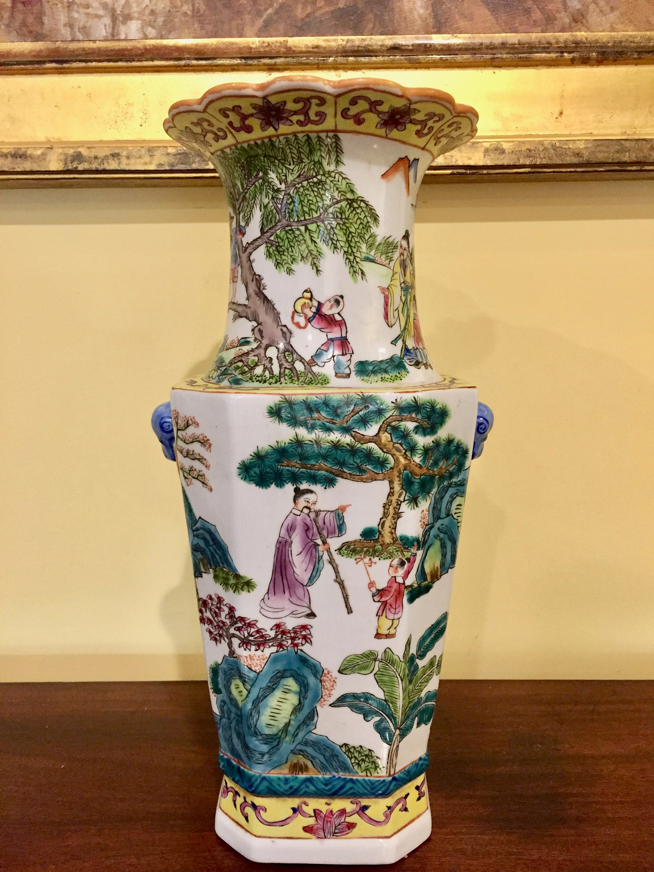 Large Asian Vase Chinese Vase 16 Inches Tall, Blue Green Yellow Colors