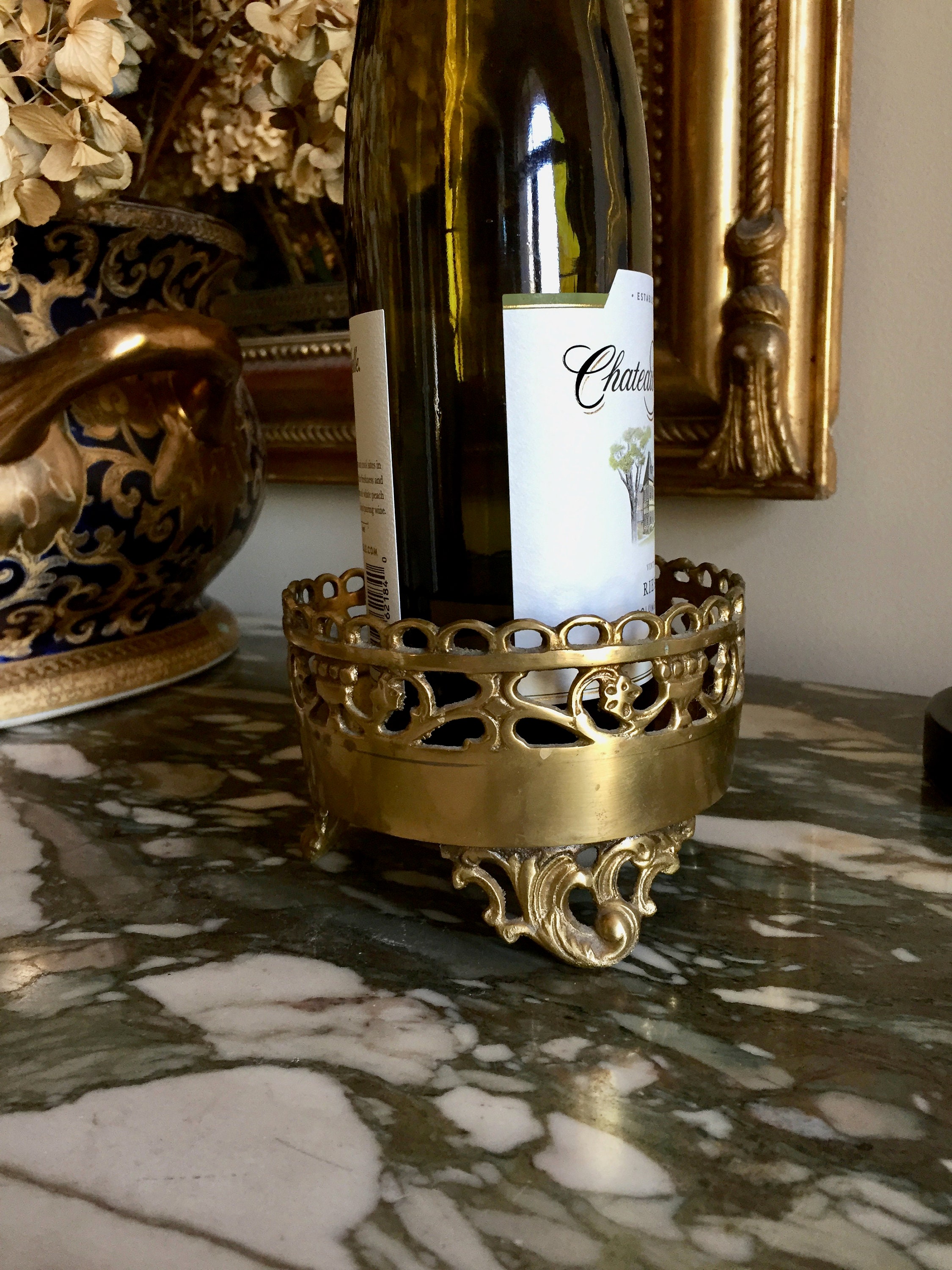 Brass Wine Coaster, Footed Decorative Brass Large Champagne Coaster