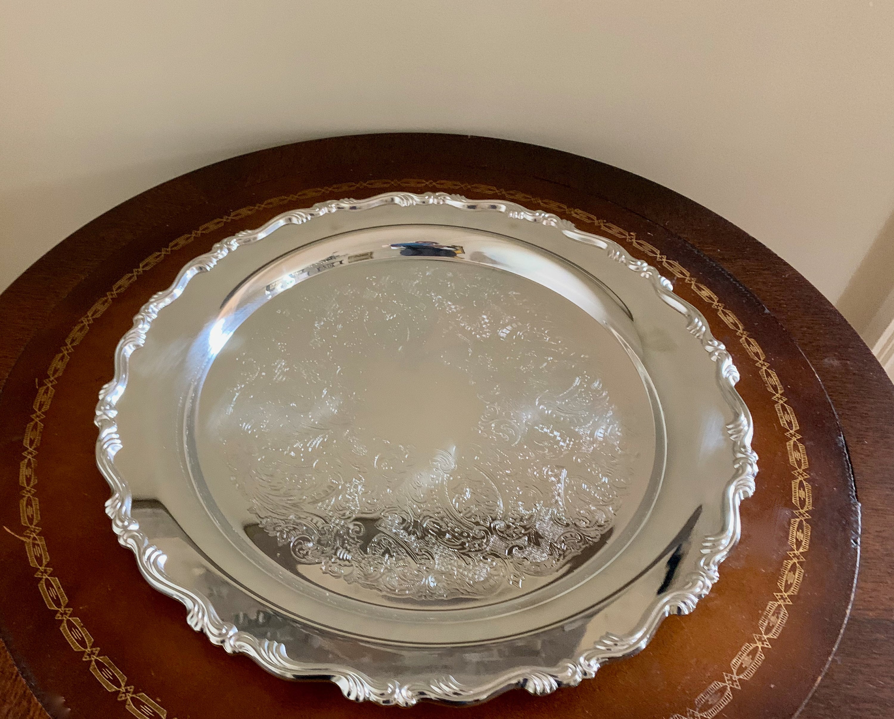 Round Silver Tray, Vintage 15 inch Silver Plate Tray, Barware Tray