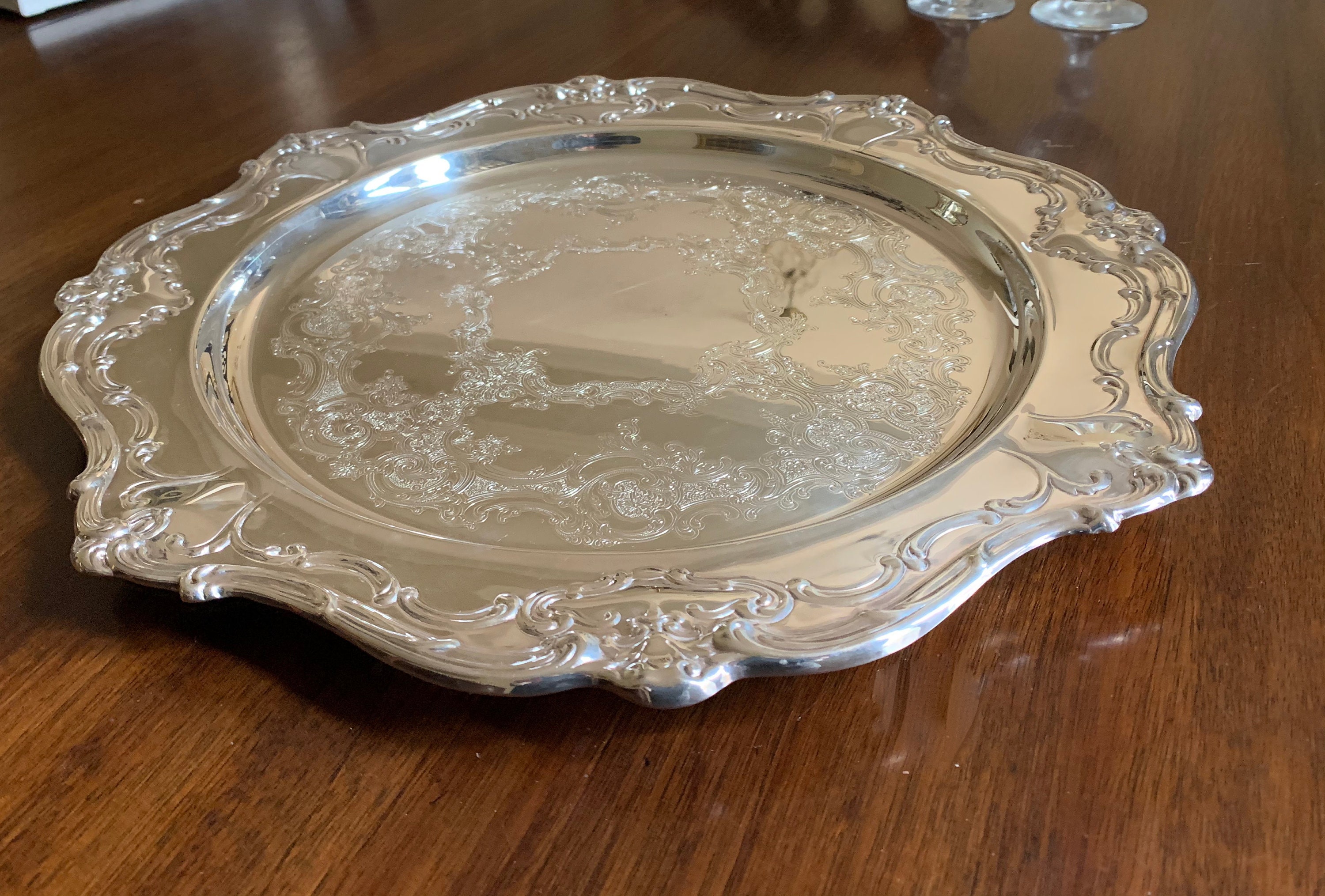 Round Scalloped Silver Tray, 16 Inch Silver Plate Tray, Vintage Gorham