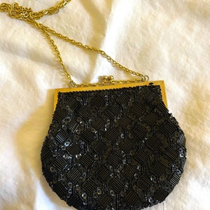 Vintage Black Beaded Evening Bag Clutch Purse With Chain strap: Hand-made