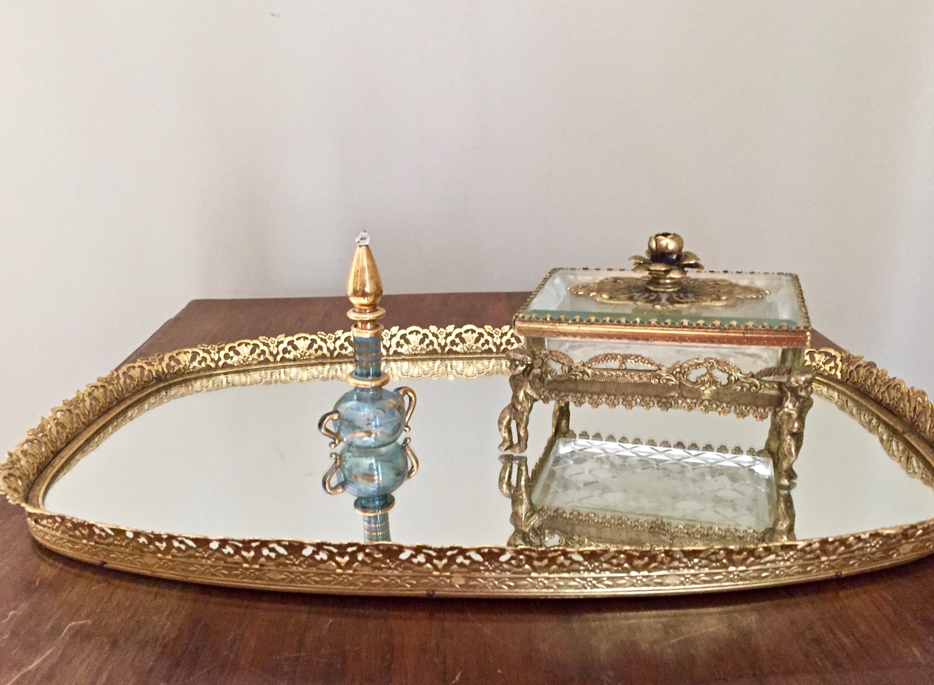 Vintage Brass Filigree Vanity Perfume Tray, Mirrored Brass Hollywood