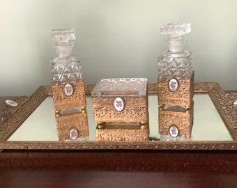 Vintage Ormolu Vanity Set, 4 Piece Brass Filigree Vanity Mirror 2 Perfume Bottles, 1 Small Glass Ormolu Jewelry Box, Hollywood Regency