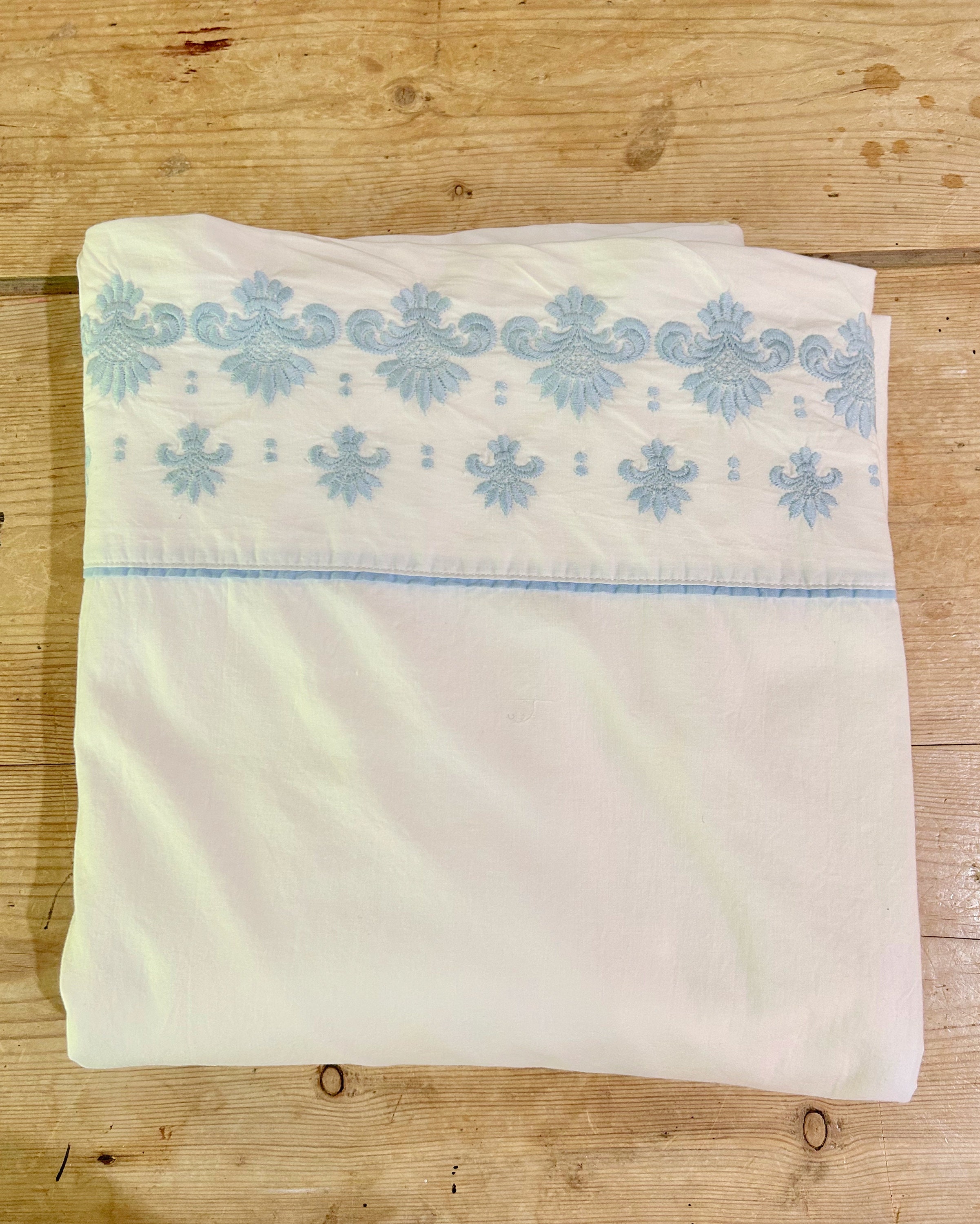 Vintage White Sheet with Blue Trim, Queen Size Wamsutta White Sheet