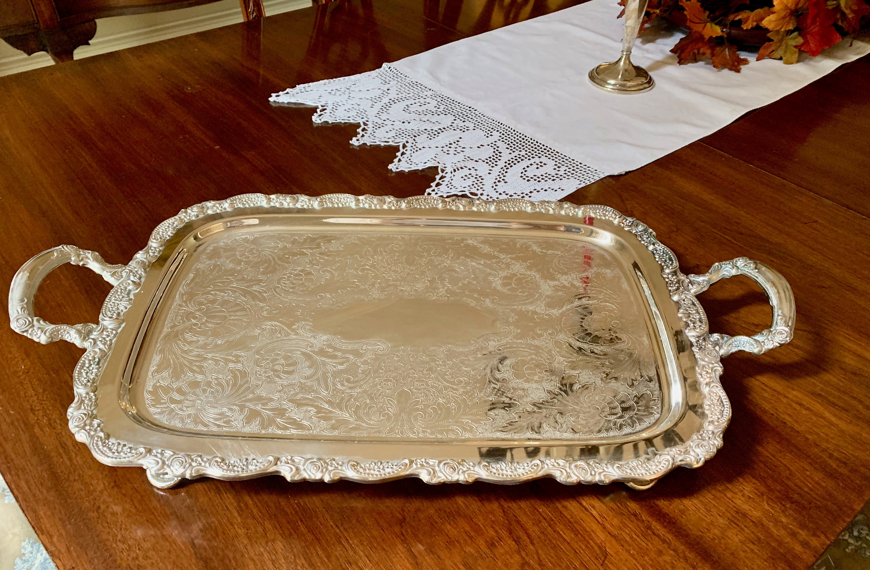 Silver Butlers Tray, Large Footed Silver Serving Tray with Handles