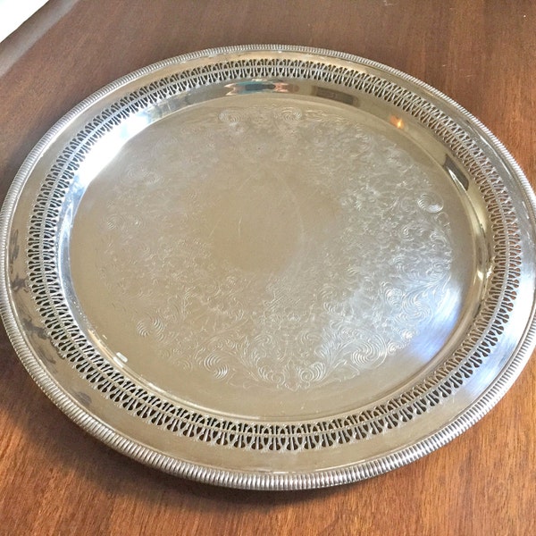 Silver 15 inch Round Serving Tray, Reticular Edge, Bridal Gift, W.B. Rogers Silver,Vintage Silverplate, Dining Entertaining Supplies