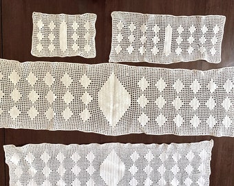 Crochet Table Runners, Vintage Handmade Cotton Crochet Long Table Runner or Table Scarf with Smaller Runner and Doilies, Sold as set of 4,