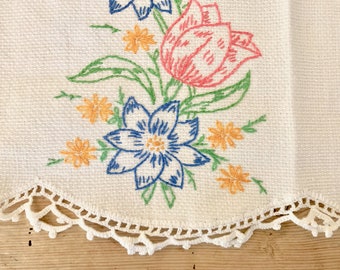 Embroidered Tea Towel with Scalloped Hem, Floral Blue Pink Green Embroidered Guest Hand Towel, Crochet Lace Trim, Cottage Farmhouse