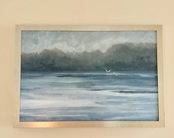 Original Landscape Painting, Water Scene with Birds Flying, Framed  Acrylic on Canvas, Blue Green White Colors, Peaceful Painting