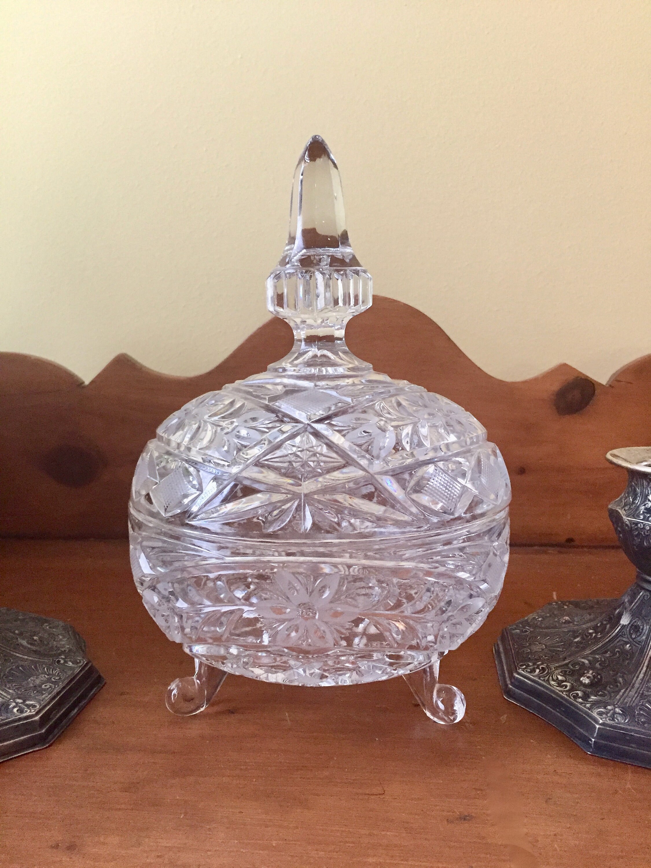 Crystal Footed Candy Dish, Lead Crystal Lidded Decorative Bowl, Crystal