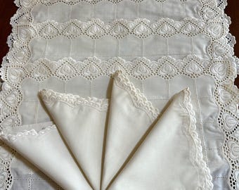 Vintage Cream Eyelet Placemats and Napkins, Scalloped Floral Table Linens