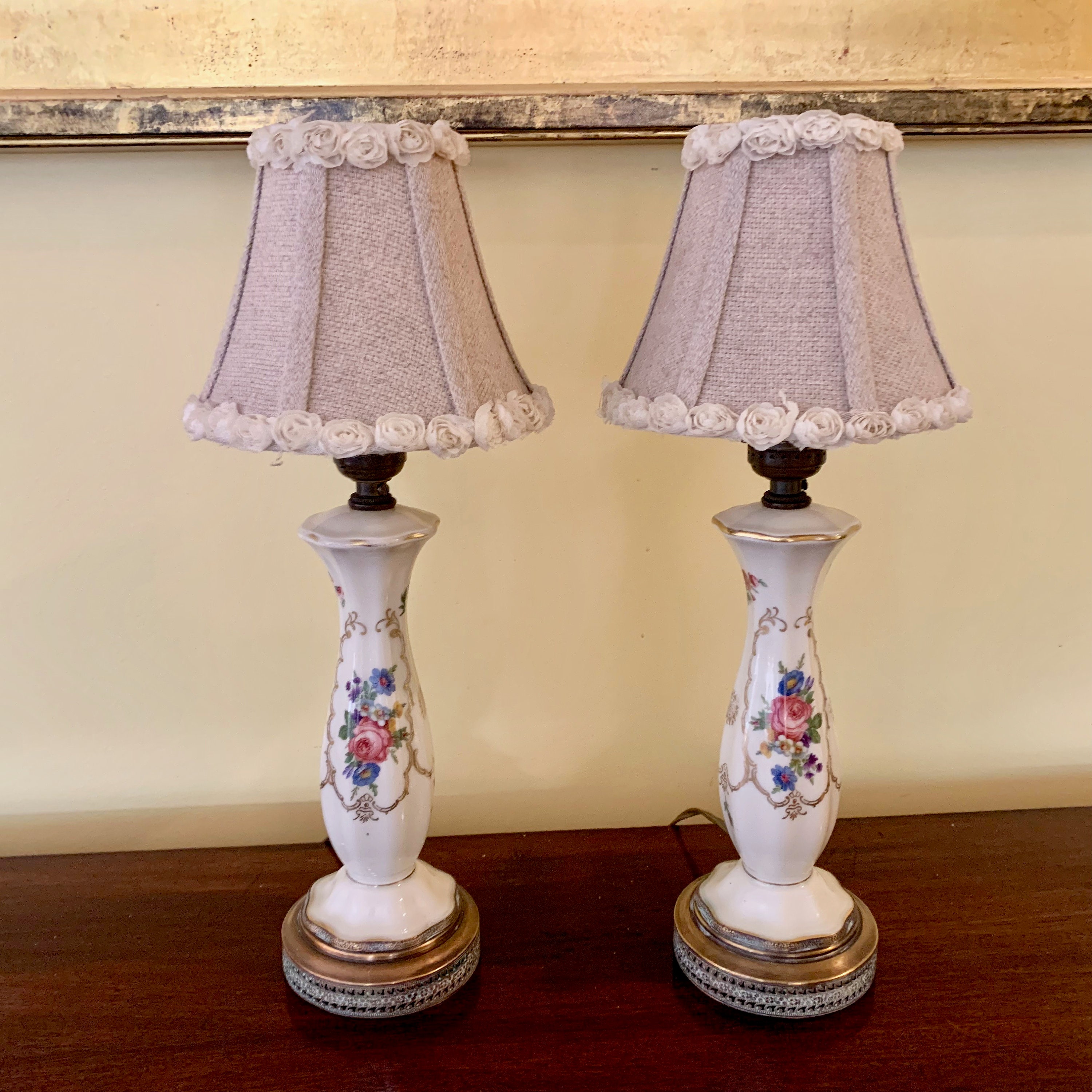Pair Porcelain Lamps, Cream Colored Hand Painted Floral Gold Trim Brass