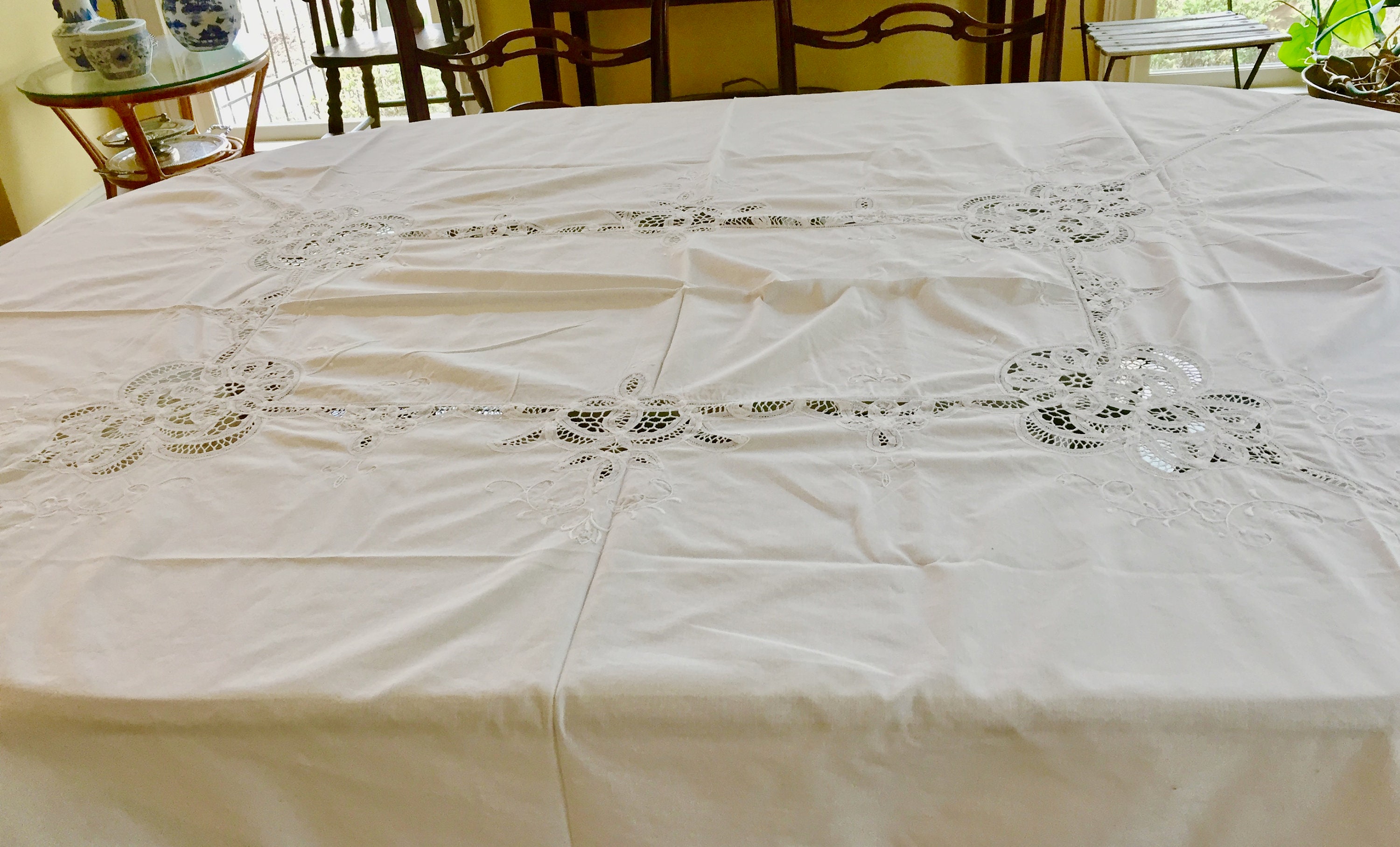Battenburg Tablecloth, Vintage White Rectangular Embroidered Tablecloth
