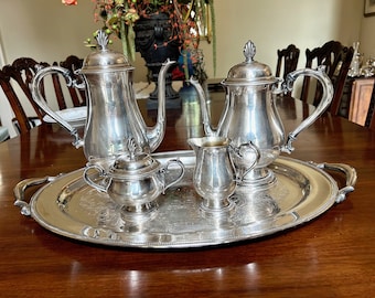 Silver Service Set, Four Piece Oneida Coffee Tea Service Set with Tray, Jefferson Pattern Silver Plate over Copper Coffee Tea Serving Set,