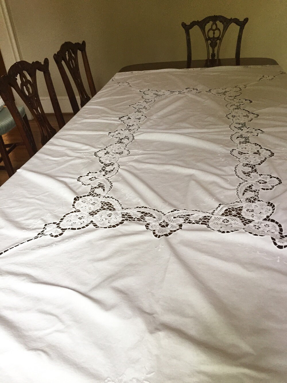 White Battenburg Tablecloth Lace Hem 62 x 92 Inches Brunch Tea Party