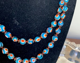 Enameled Bead Necklace, 34 Inch Necklace, Knotted Bead Necklace, Turquoise Orange White Colors, Gift for Her,