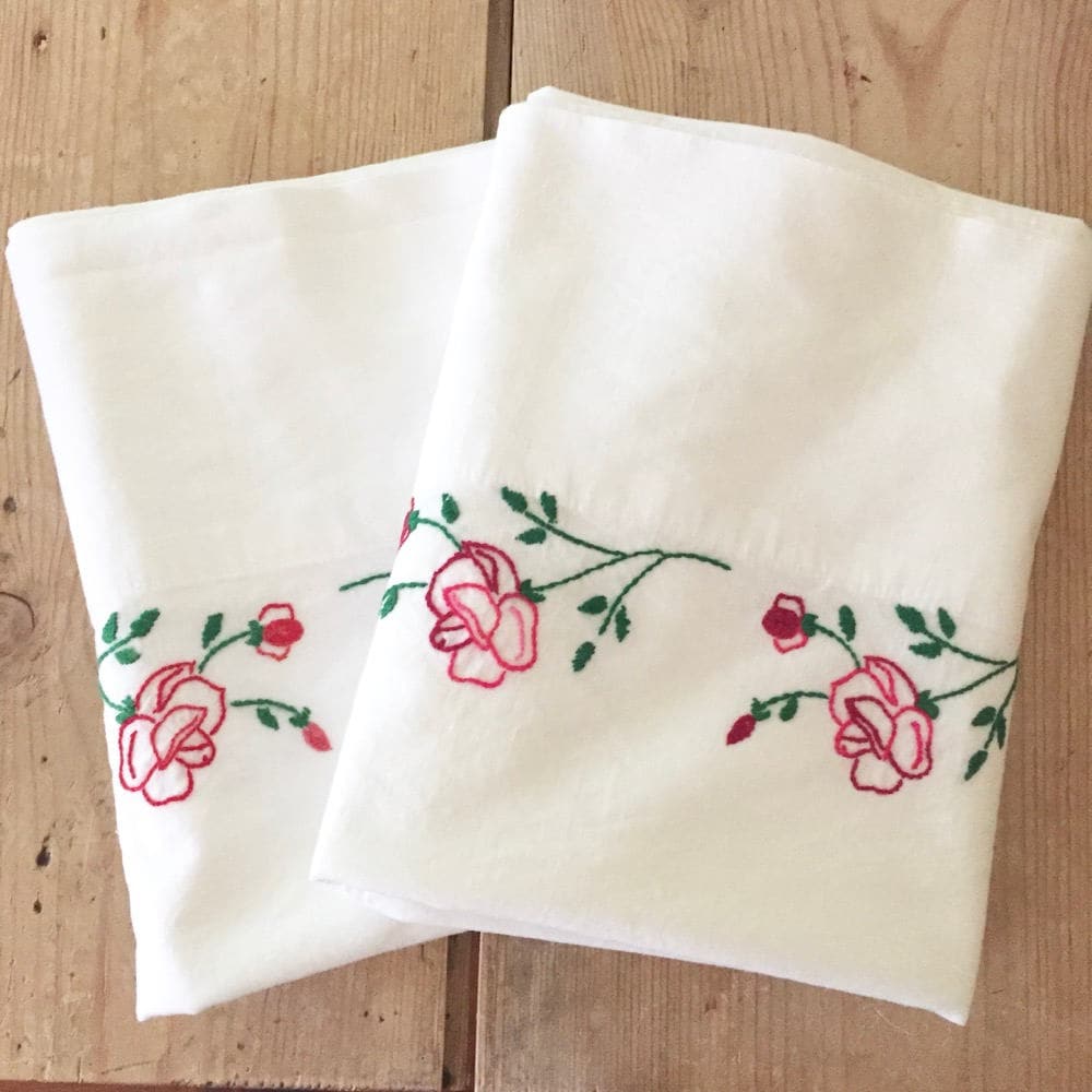 Vintage Embroidered Pillowcases, Cotton Pillowcases, Pair of Hand