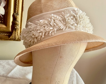 Straw Cloche Hat with Raffia Ribbon, Vintage 60's Ann Marie Straw Hat, Beige Straw with White Ribbon, Theater Costume Hat, Photo Props